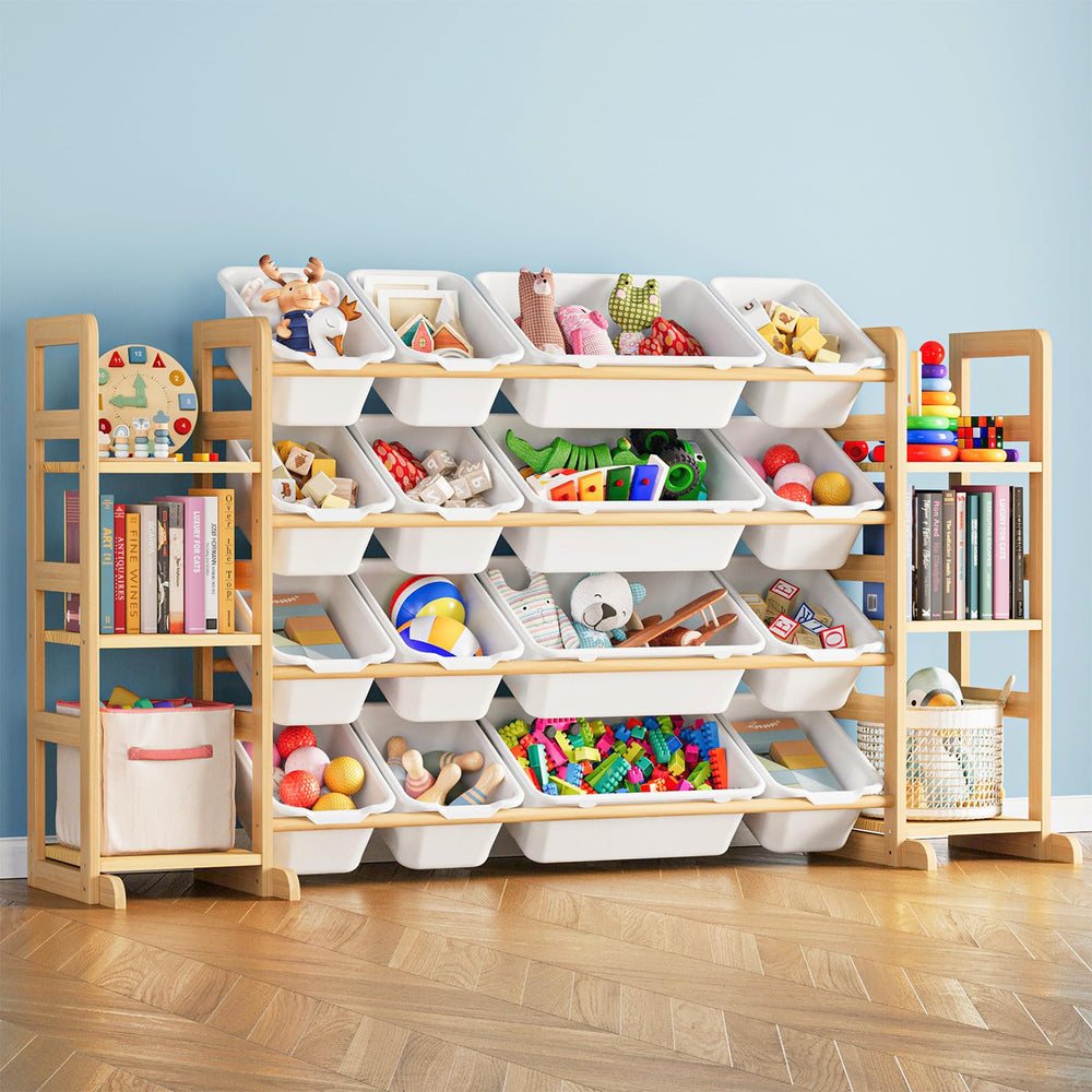 SpaceAid toy storage organizer with 6 shelves and 16 bins in white keeps playroom tidy.