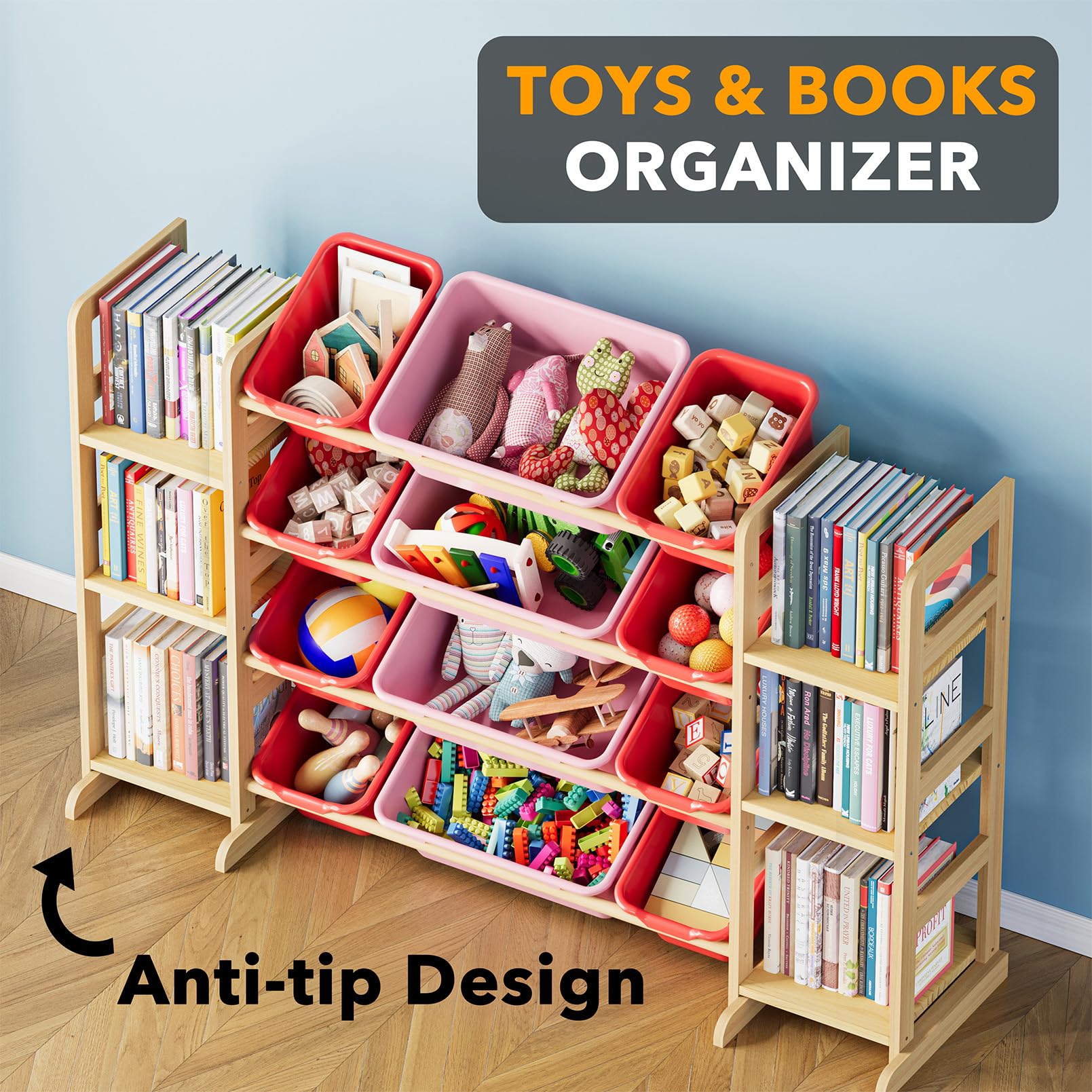 SpaceAid organizer highlights smooth rounded edges to enhance child safety during play.