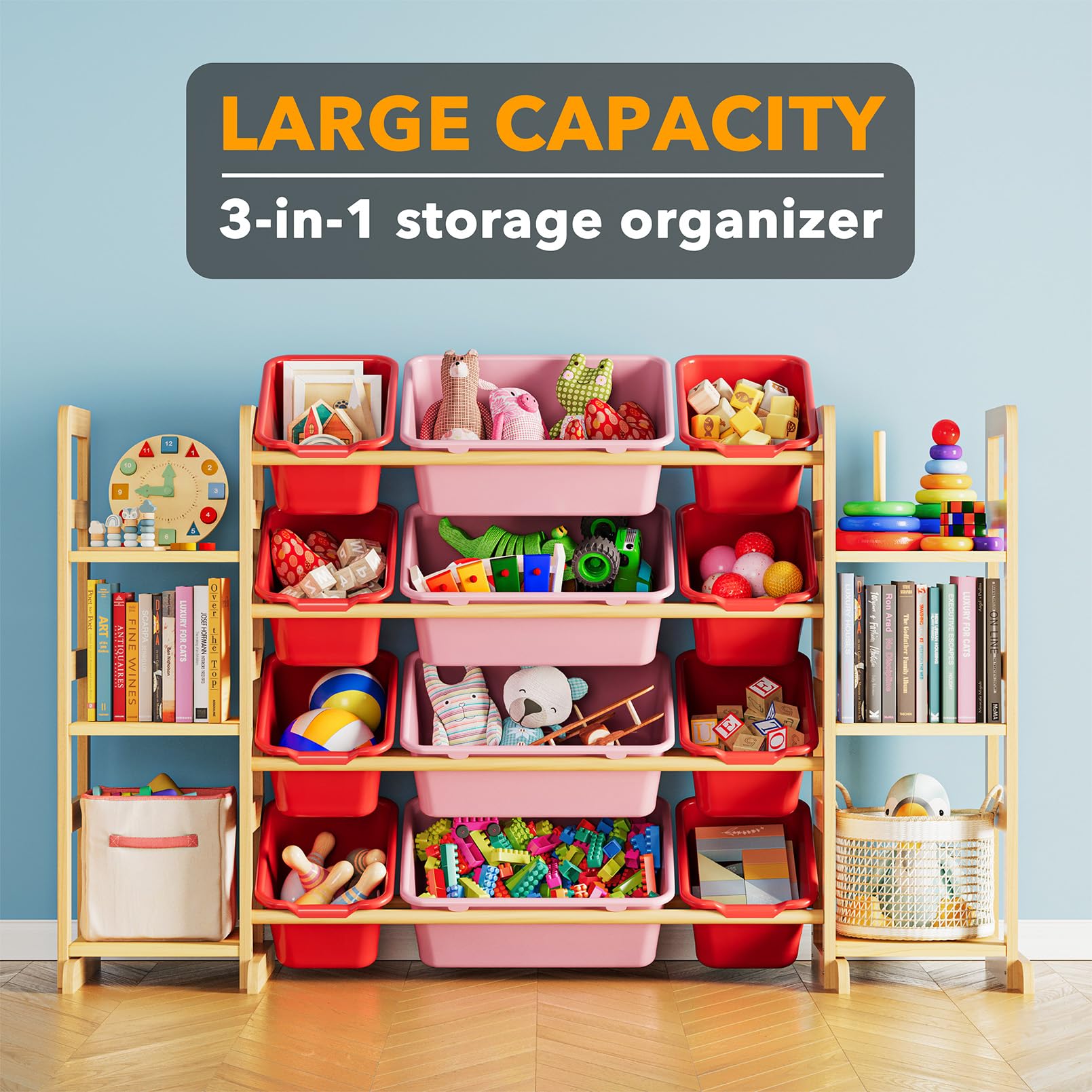 SpaceAid toy storage organizer features a wood frame and modern design for kids' rooms.