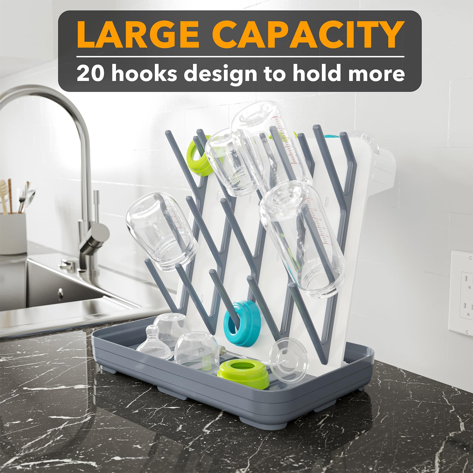 SpaceAid vertical bottle holder showcases space-saving design on the counter.
