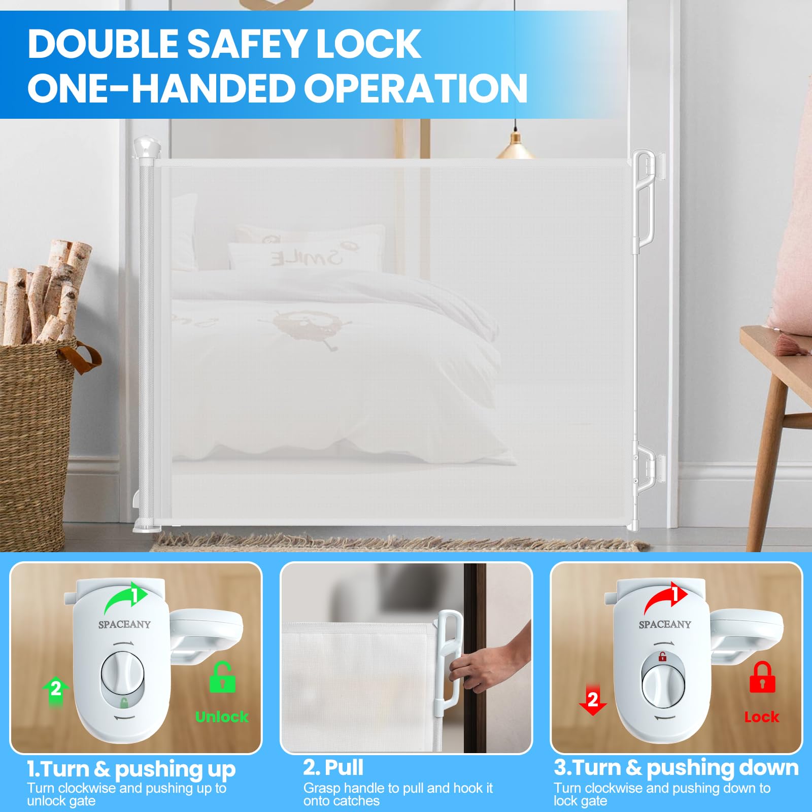Spaceany dual safety lock demonstrates childproof one-handed release.