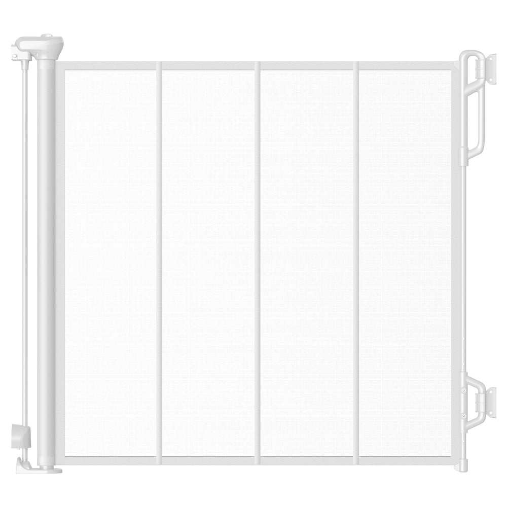 Spaceany reinforced retractable gate at doorway extended for wide openings and safety.