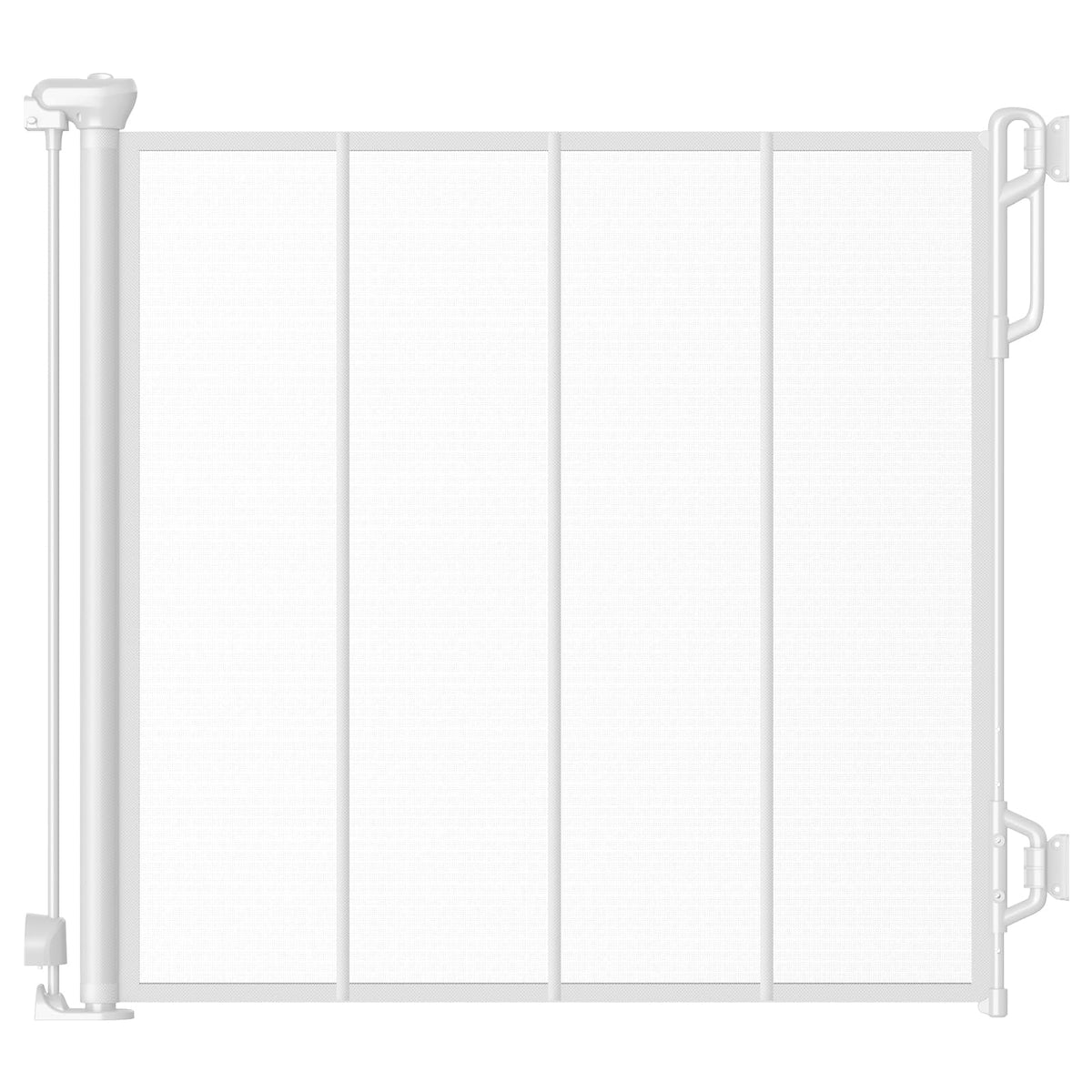 Spaceany reinforced retractable gate at doorway extended for wide openings and safety.