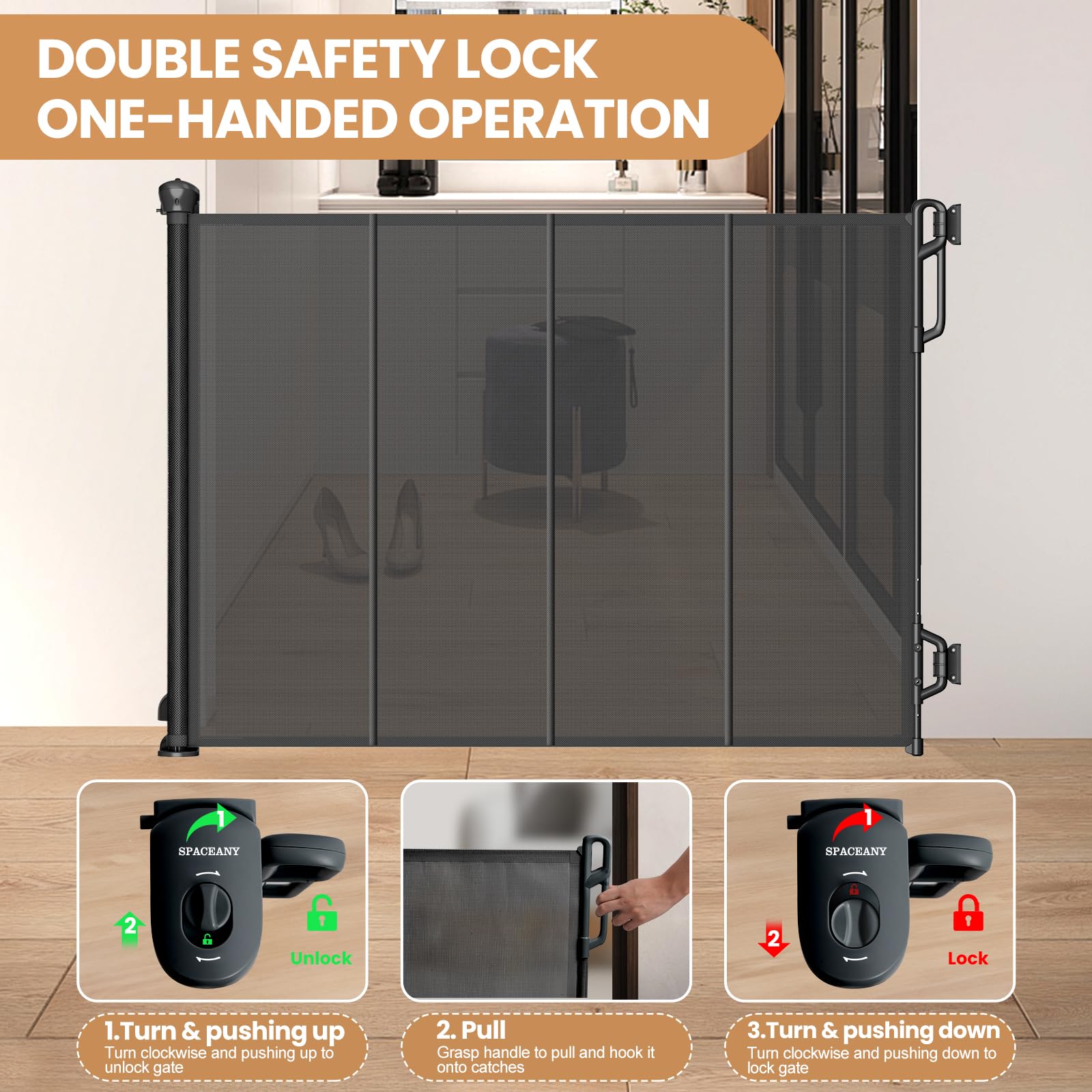 SPACEANY gate suitable for indoor and outdoor use with sturdy mesh