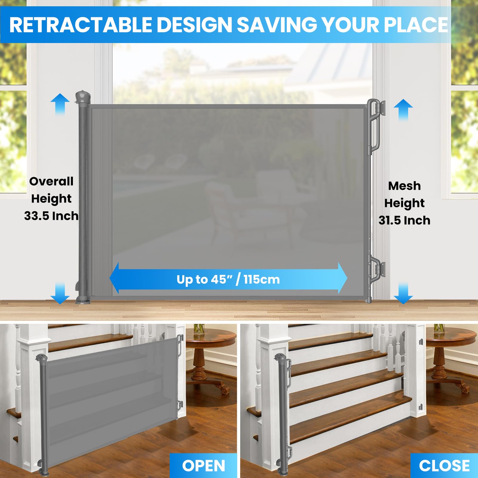 SPACEANY retractable gate mesh extended: enables wider openings up to 45 inches safely.