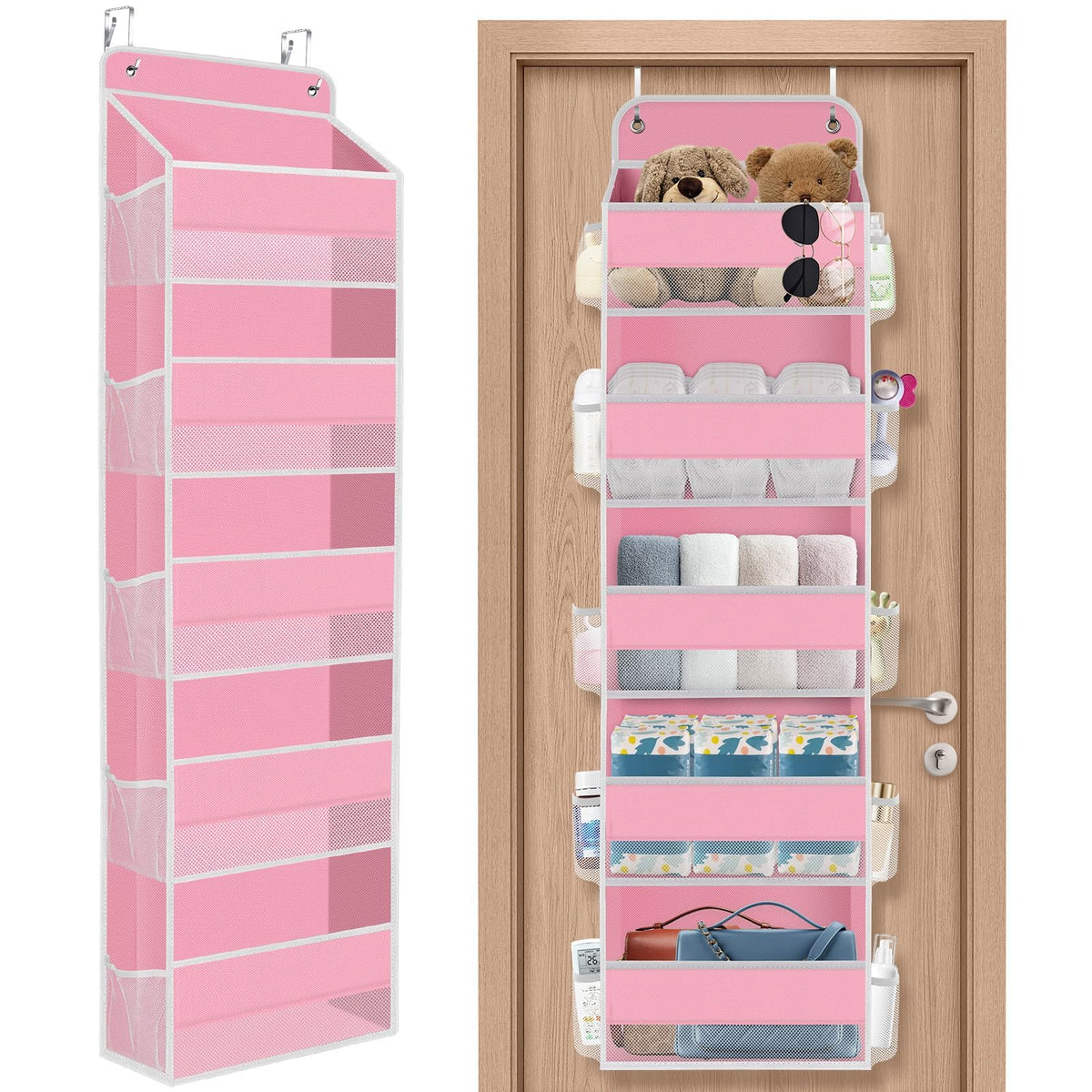 SpaceHacks pink 5-tier door organizer full view for efficient storage