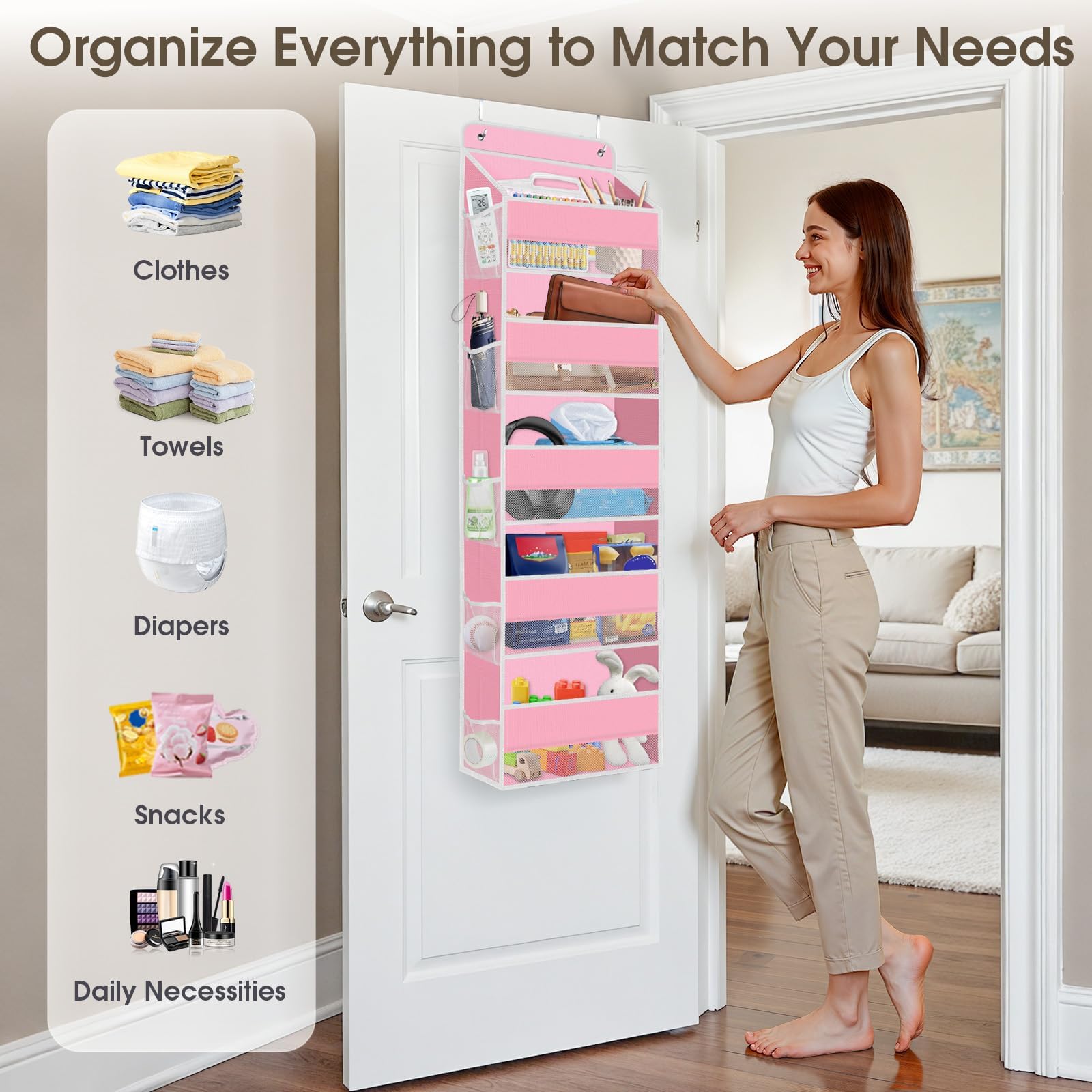 SpaceHacks pink organizer shown in pantry for space optimization