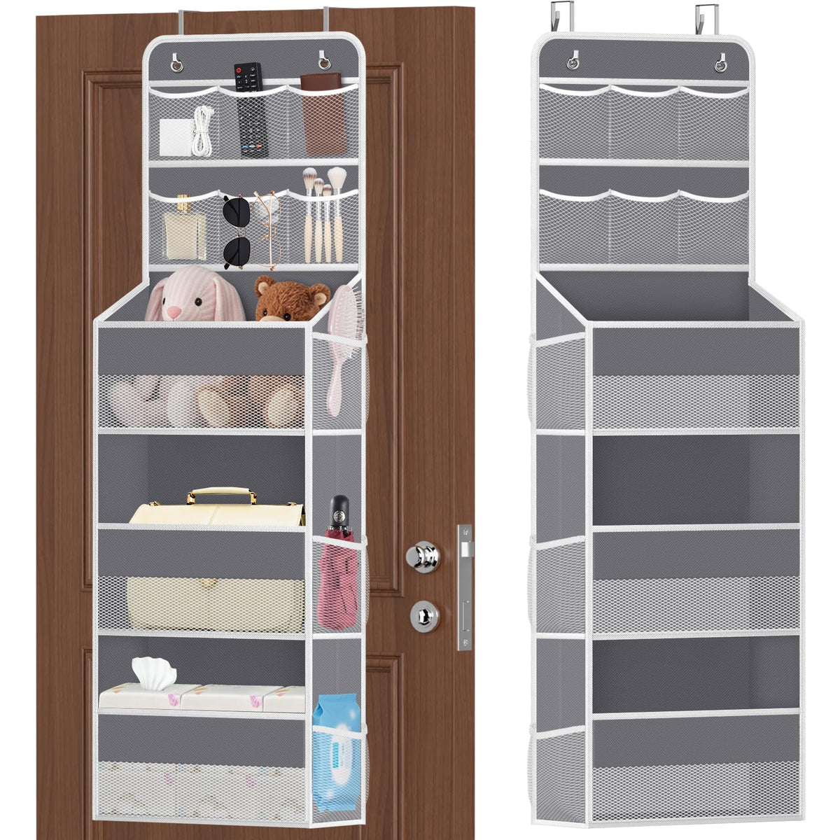 SpaceHacks 5-Tier Over the Door Organizer on a doorway keeps items easy to reach.