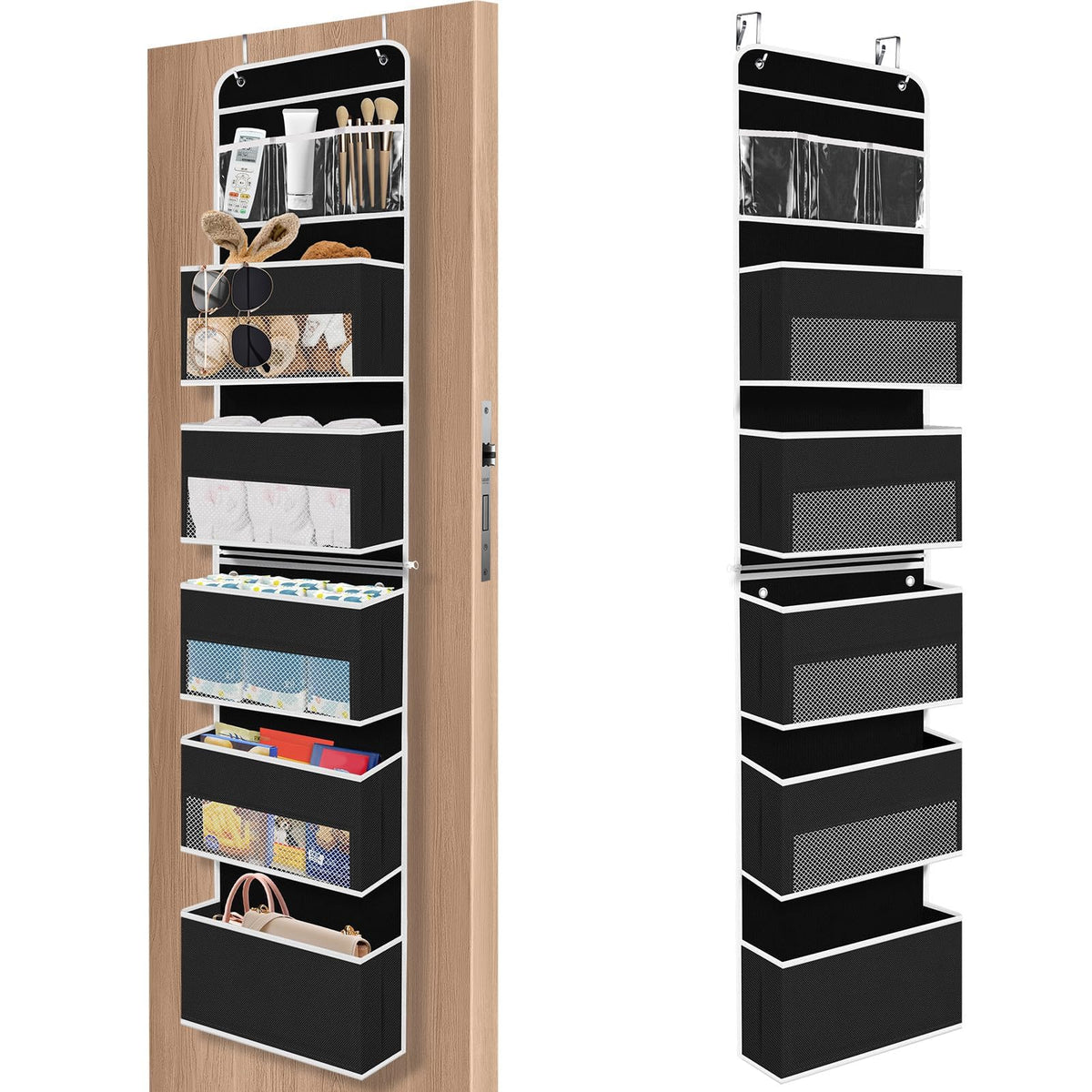SpaceHacks 6-Tier Door Organizer front view with clear pockets for easy lookup