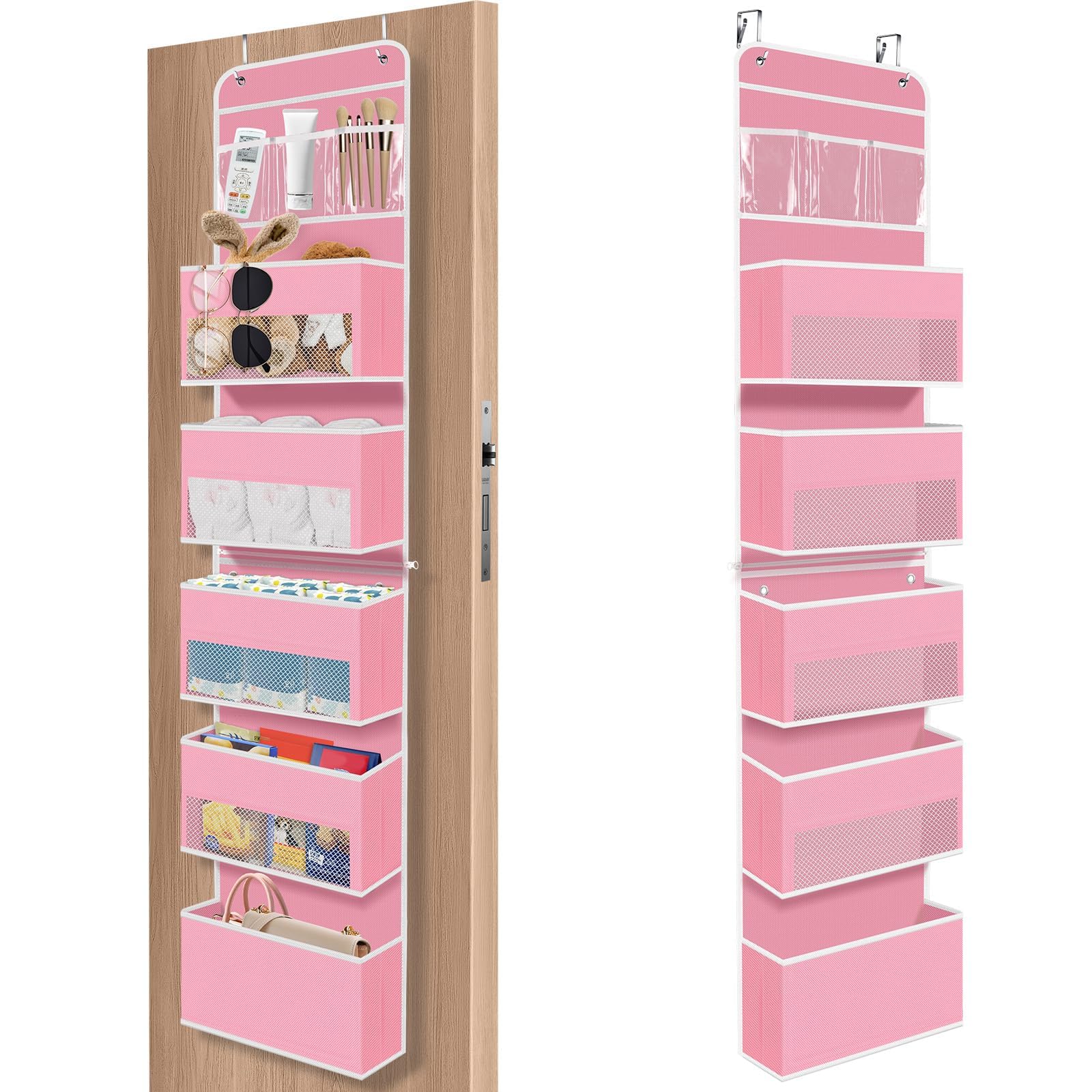 SpaceHacks 6-tier pink door organizer with clear pockets for organized storage