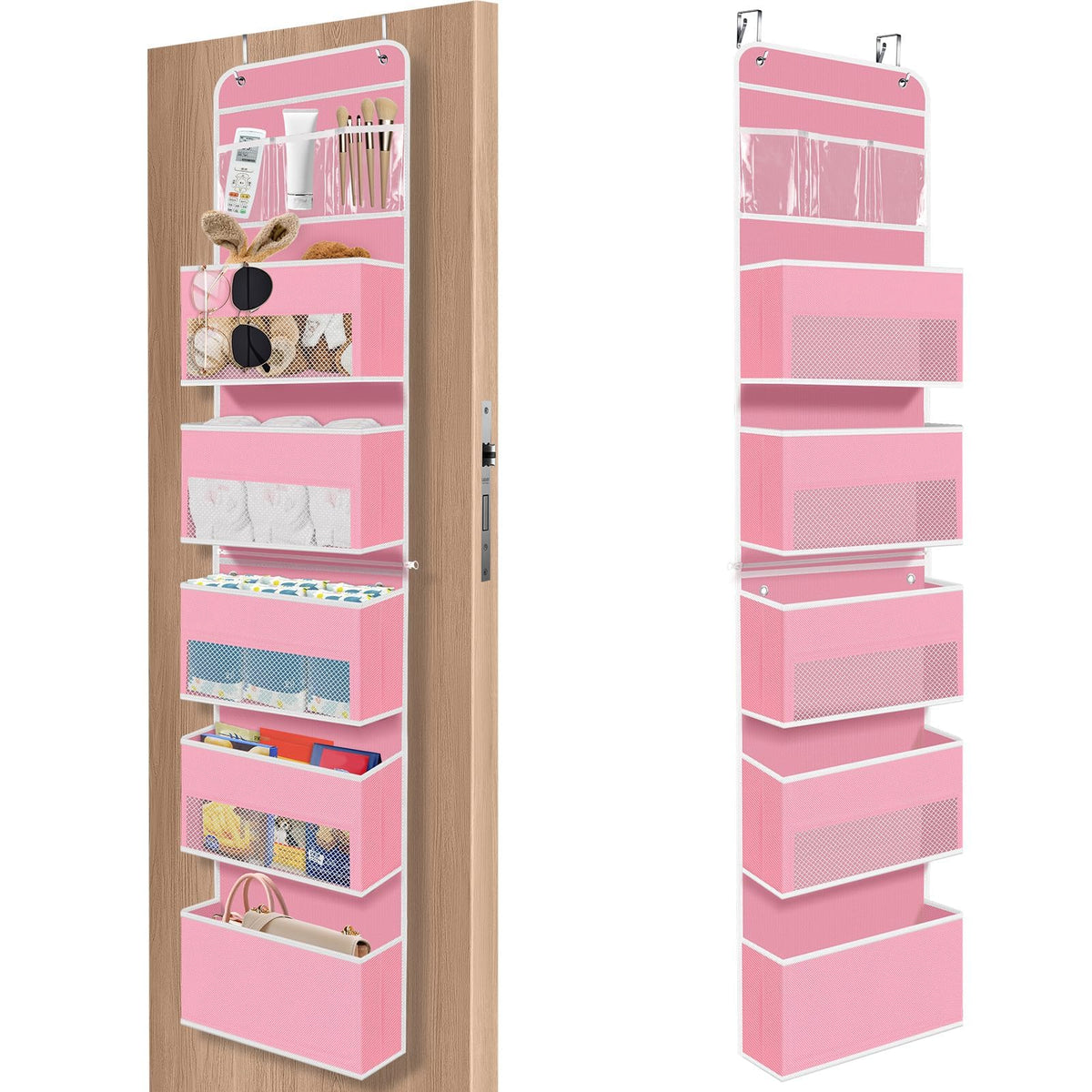 SpaceHacks 6-tier pink door organizer with clear pockets for organized storage