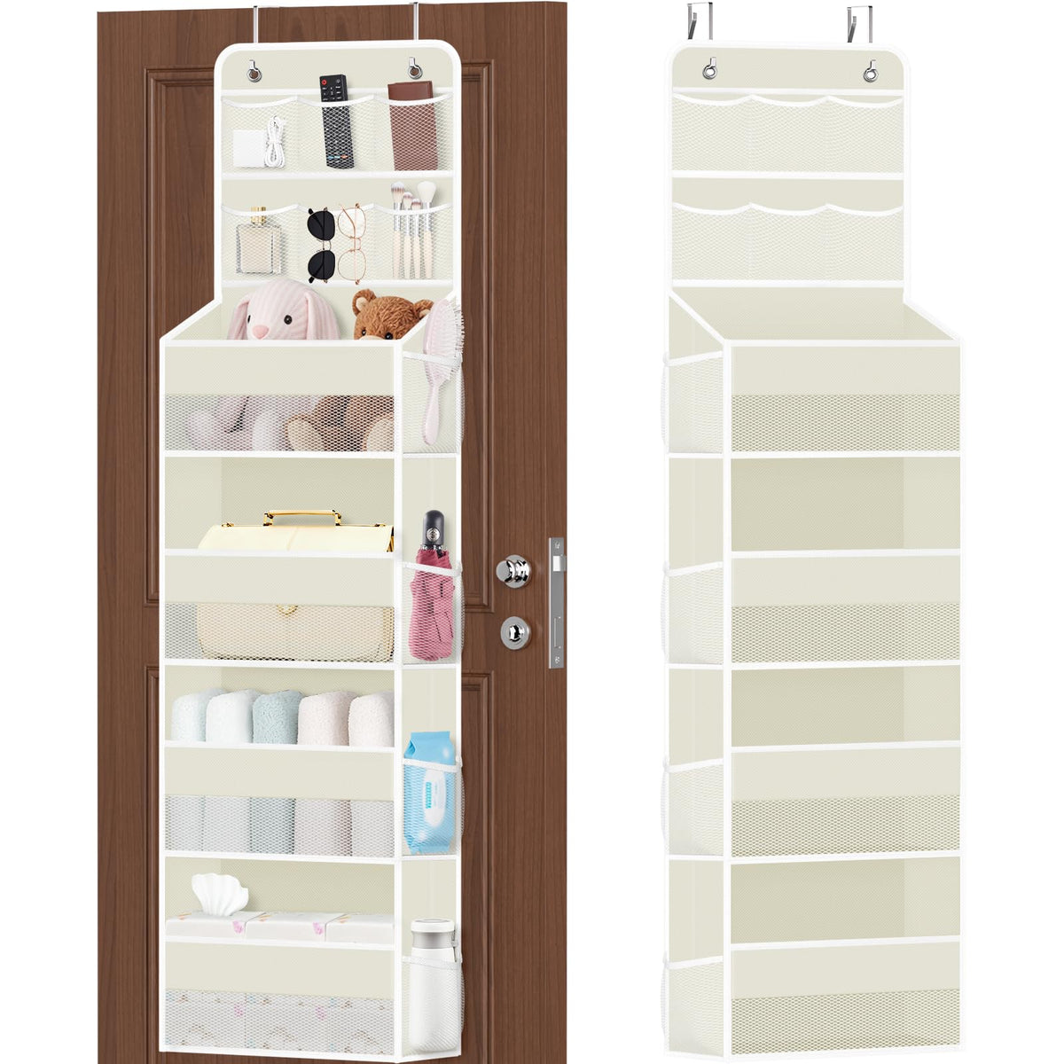 SpaceHacks 6-Tier door organizer with mesh pockets keeps baby items visible and accessible.