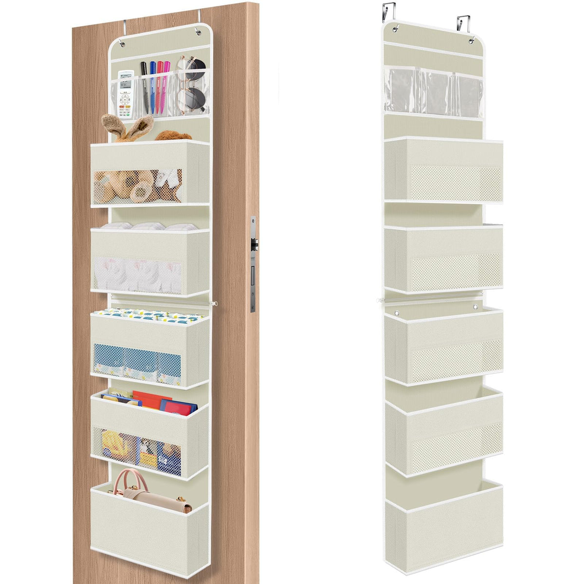 SpaceHacks 6-tier over-the-door organizer with clear pockets keeps items organized and accessible.