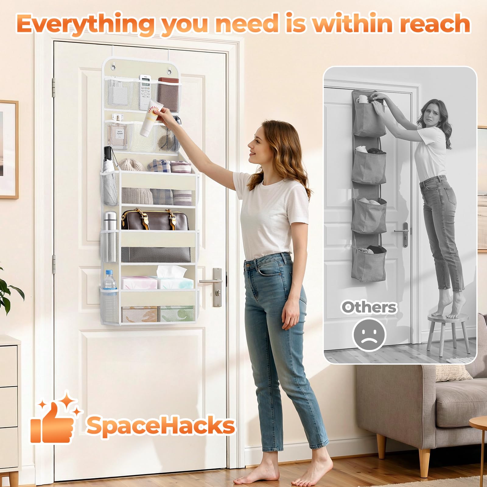 SpaceHacks adjustable hooks fit most doors for flexible mounting.