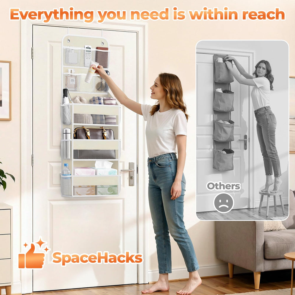 SpaceHacks adjustable hooks fit most doors for flexible mounting.