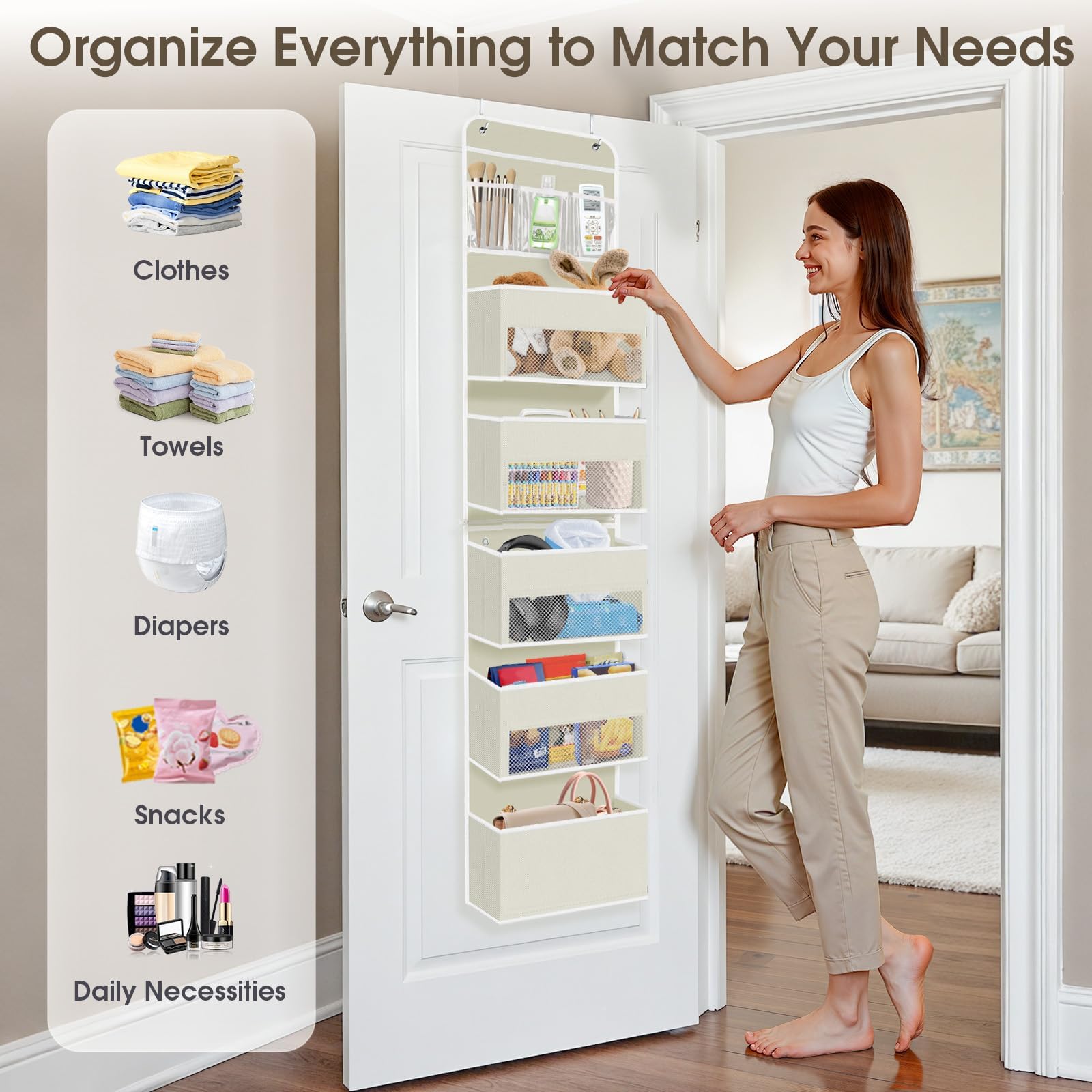 SpaceHacks beige door organizer suits bedrooms, nurseries, and bathrooms with subtle style.