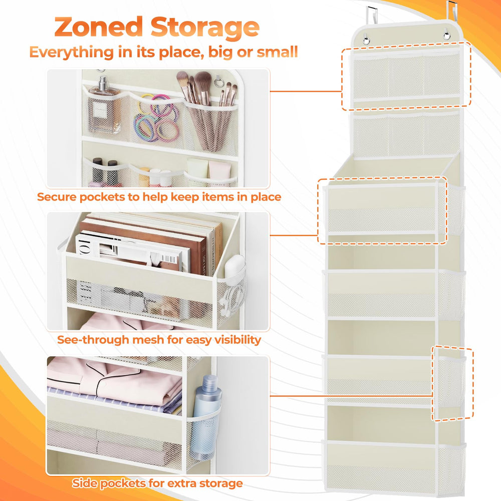 SpaceHacks door organizer stores toiletries in the bathroom with clear pockets.