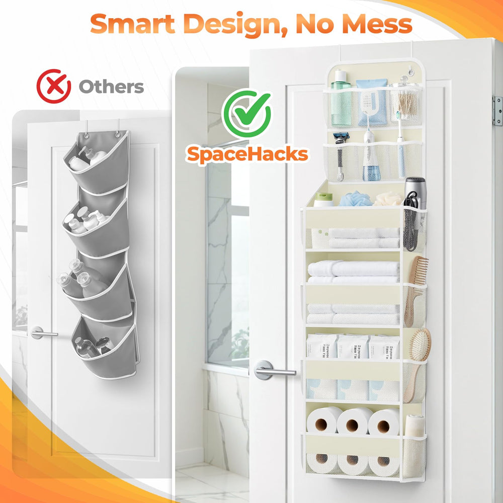 SpaceHacks door organizer provides bedroom storage with see-through mesh pockets for quick access.
