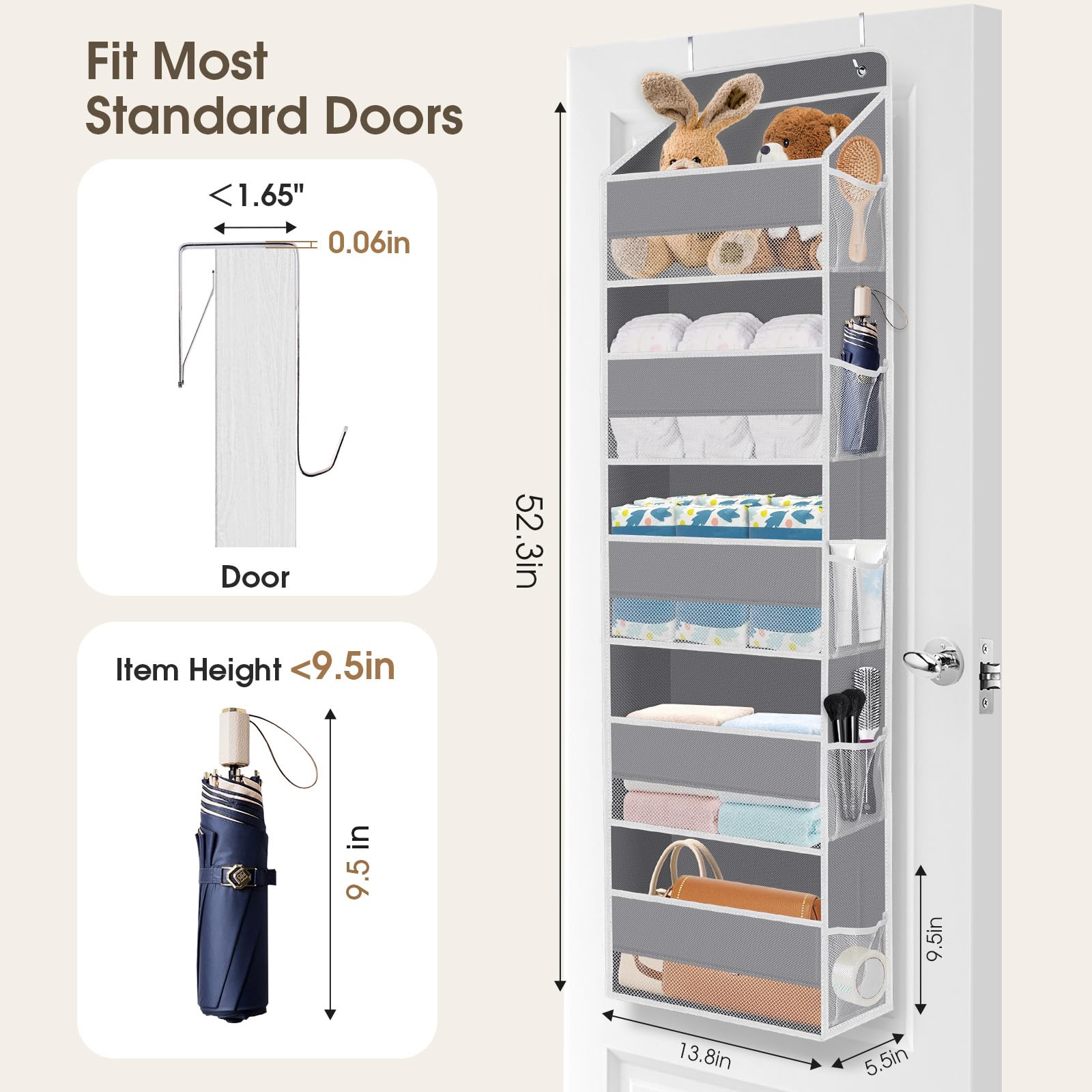 SpaceHacks door organizer with clear mesh pockets showing contents for easy retrieval