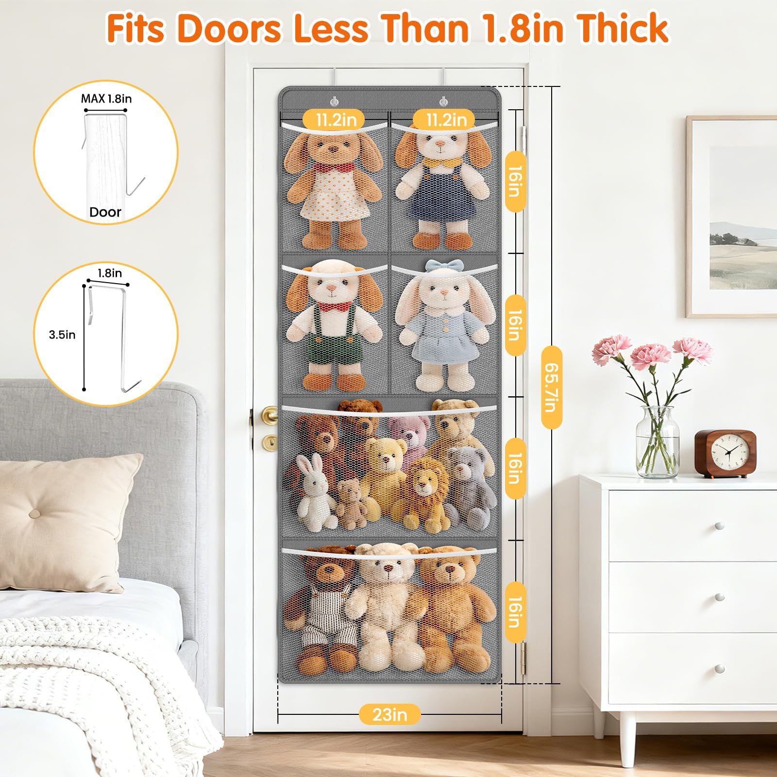 SpaceHacks door organizer closeup showing mesh pockets for plush toys
