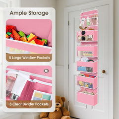SpaceHacks pink door organizer demonstrating easy installation over a door