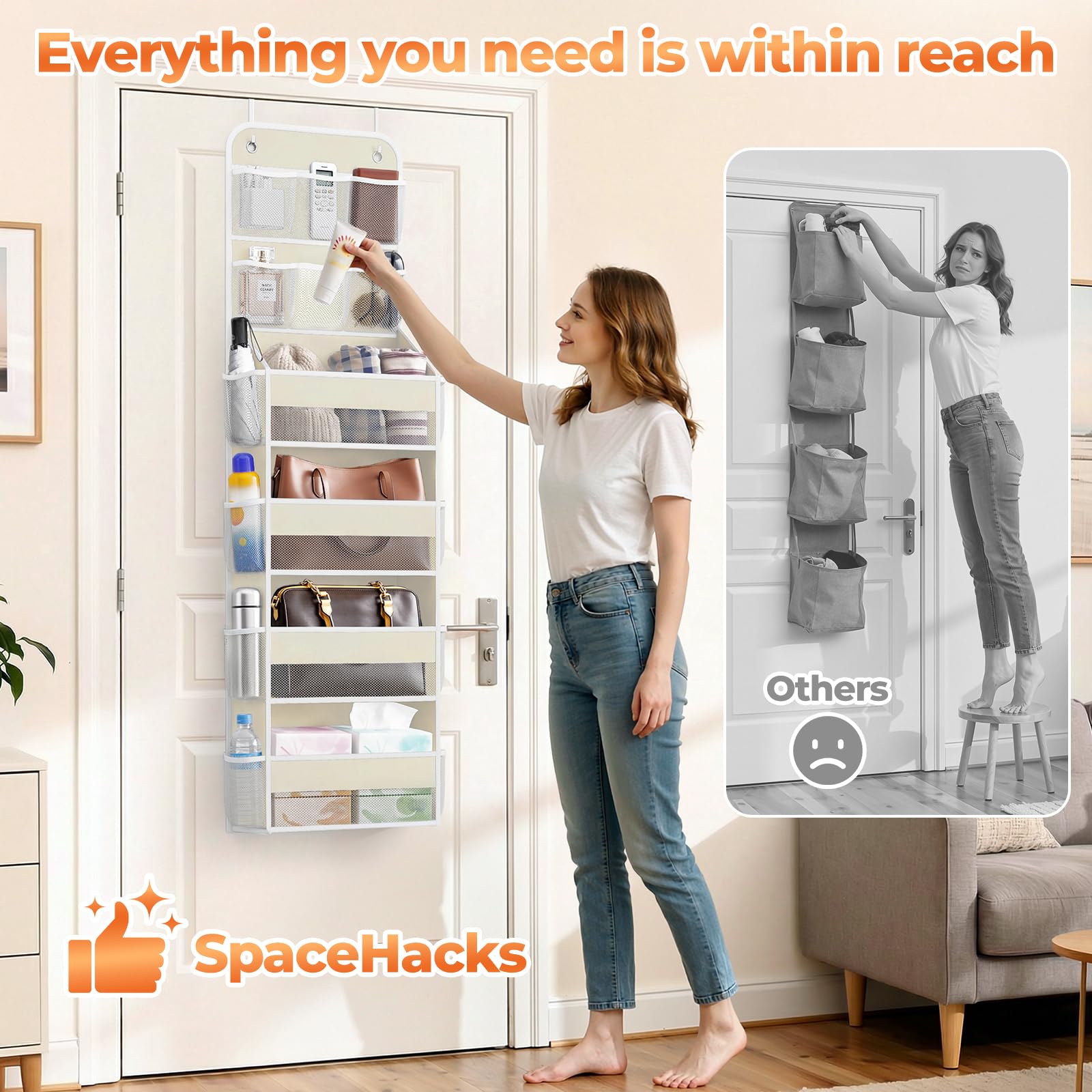 SpaceHacks elastic-top pockets prevent items from slipping, safe around kids.