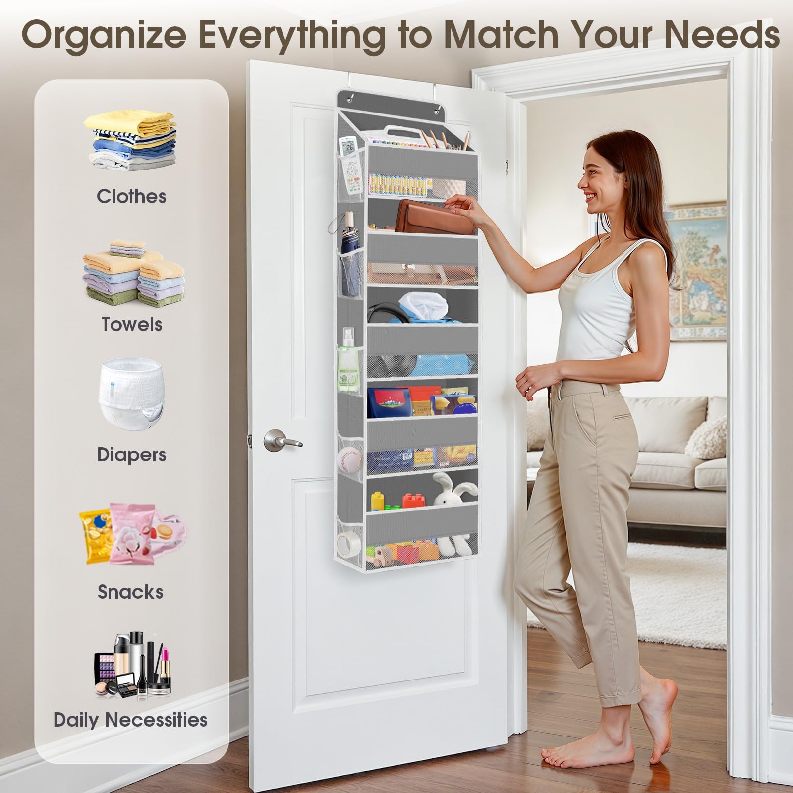 SpaceHacks grey door storage solution blending with decor while boosting storage