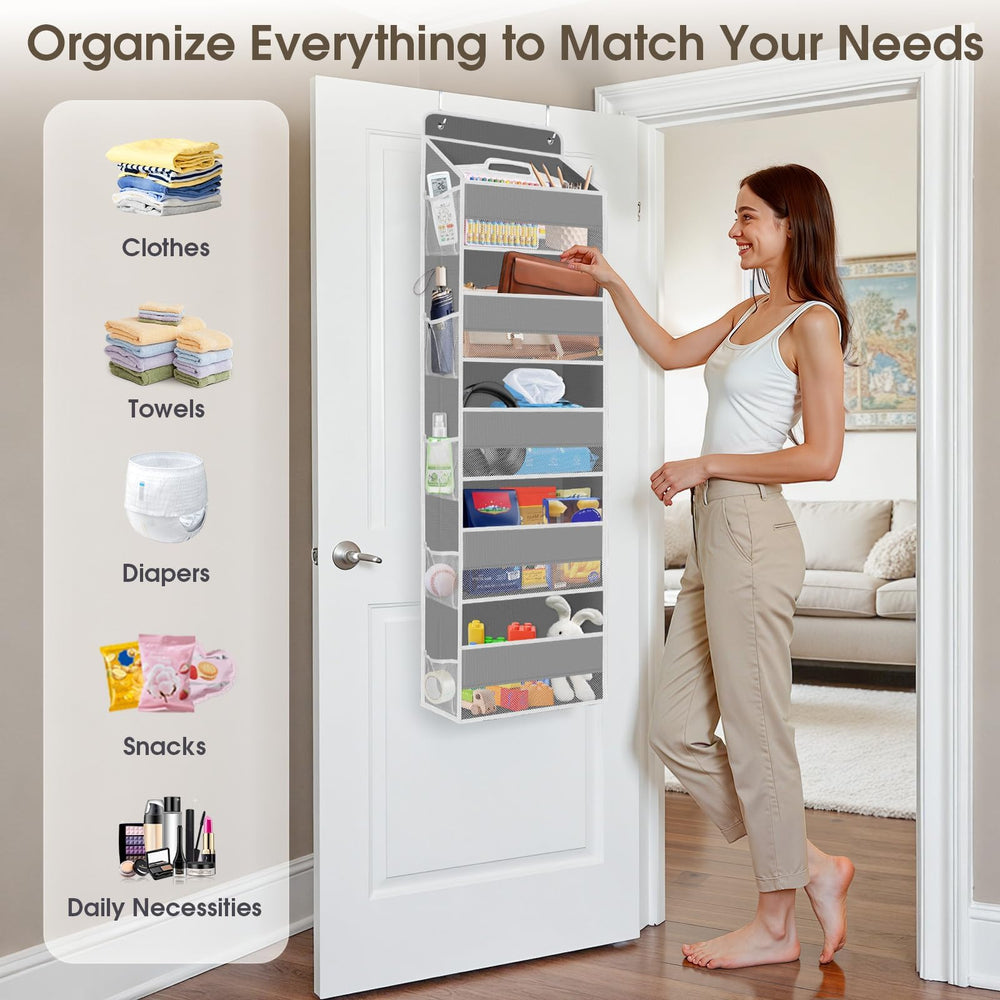 SpaceHacks grey door storage solution blending with decor while boosting storage