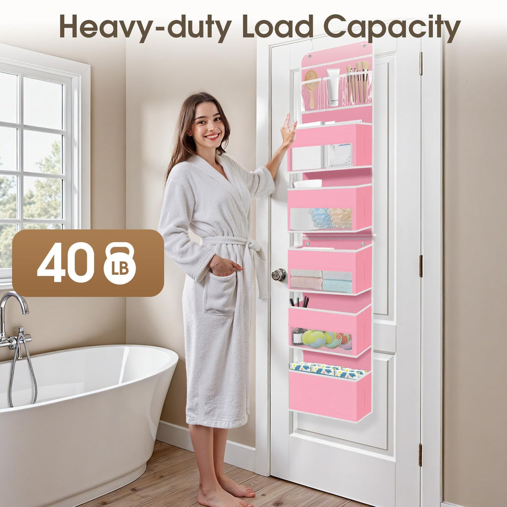 SpaceHacks pink hanging storage behind the door saves floor space