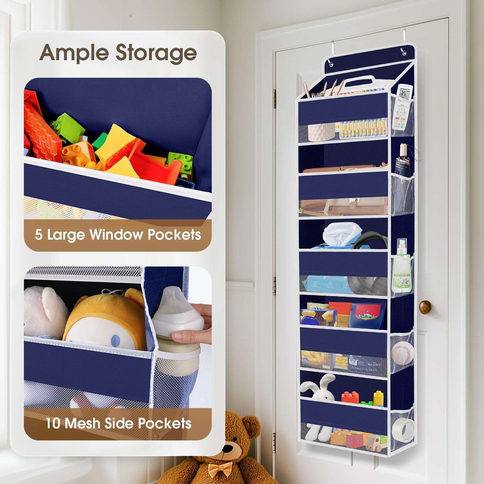 SpaceHacks blue door organizer supports up to 40 lbs for sturdy storage.