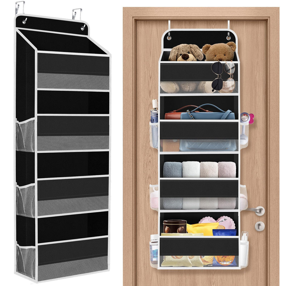 SpaceHacks over-the-door organizer front view with clear pockets for easy access.