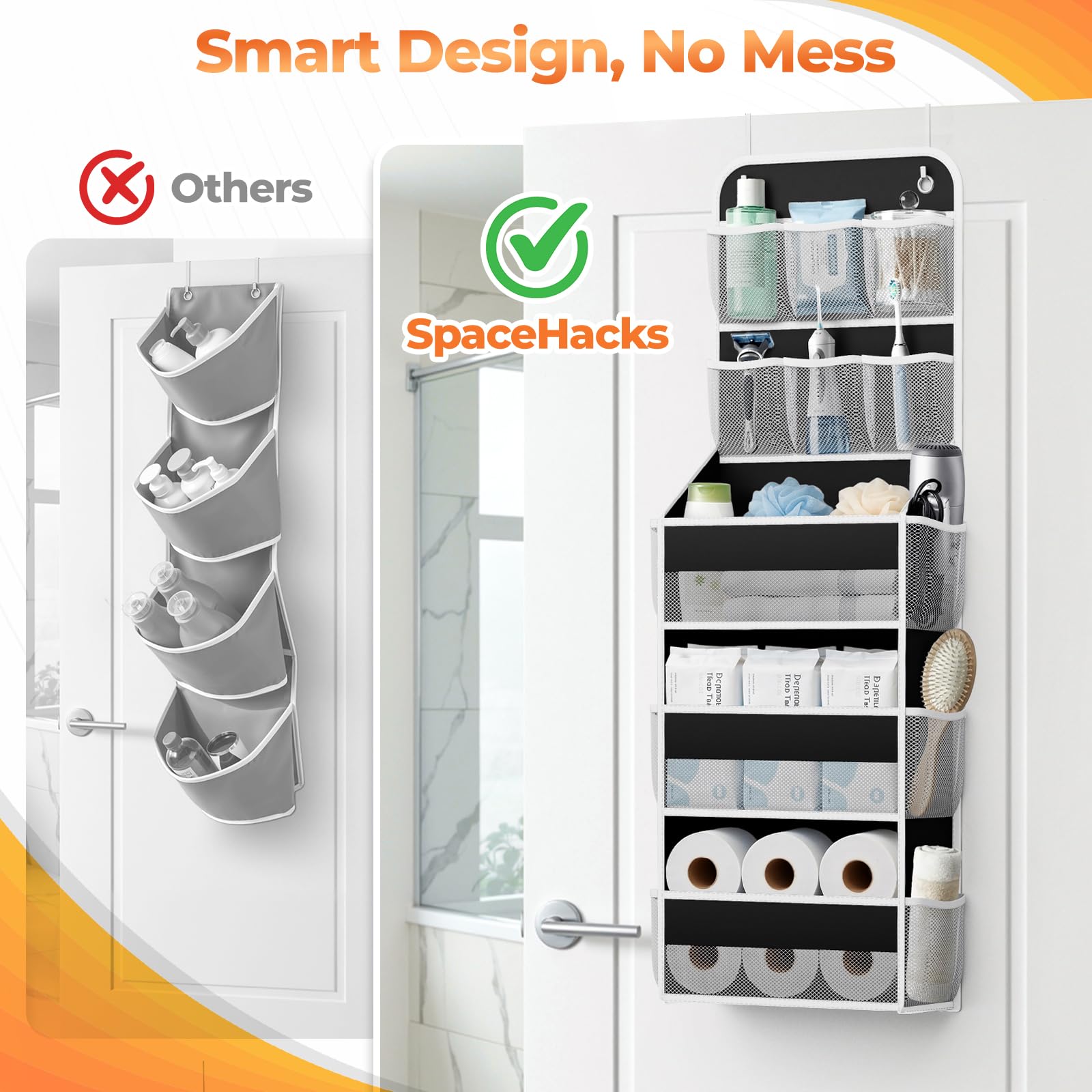 Adjustable metal hooks on SpaceHacks door organizer for quick setup