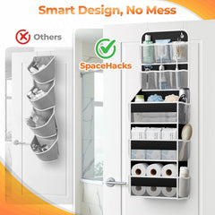 Adjustable metal hooks on SpaceHacks door organizer for quick setup