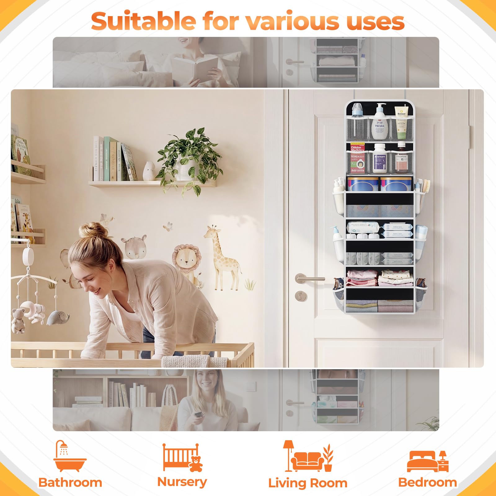 Sleek black finish of SpaceHacks door organizer fits nursery and bathroom decor