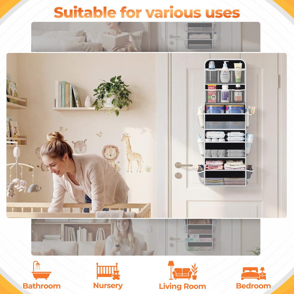 Sleek black finish of SpaceHacks door organizer fits nursery and bathroom decor