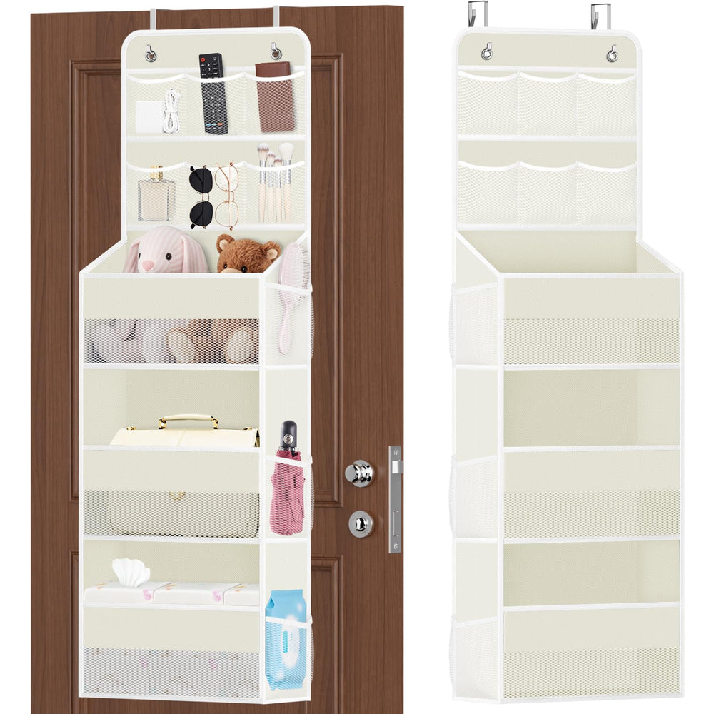 SpaceHacks over-door organizer with mesh pockets keeps small items visible and reachable.