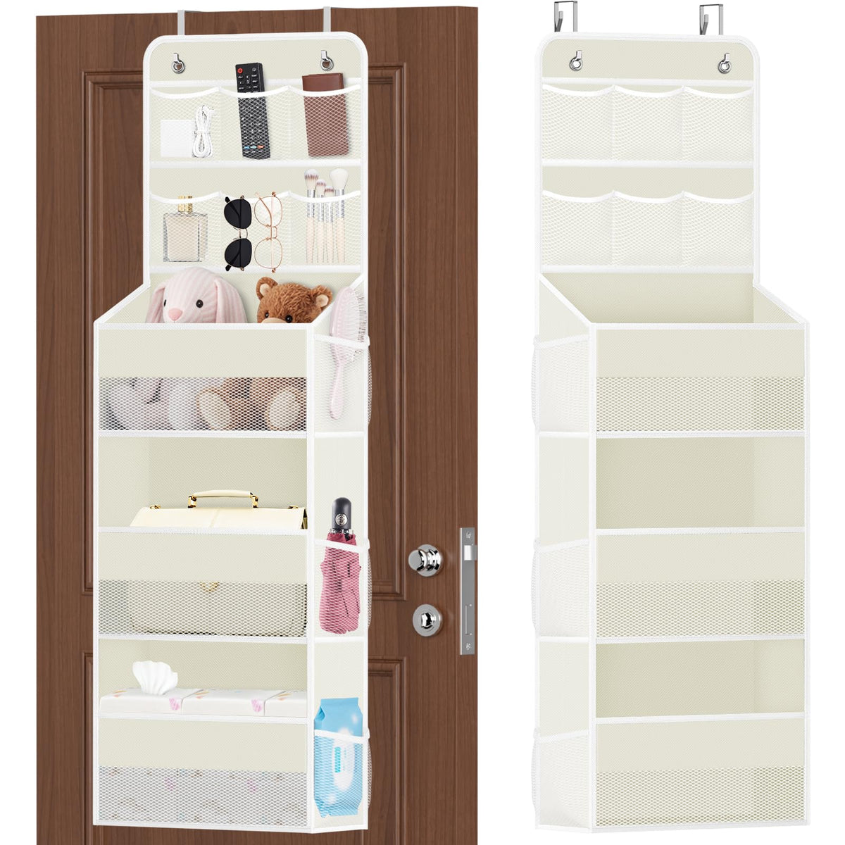 SpaceHacks over-door organizer with mesh pockets keeps small items visible and reachable.