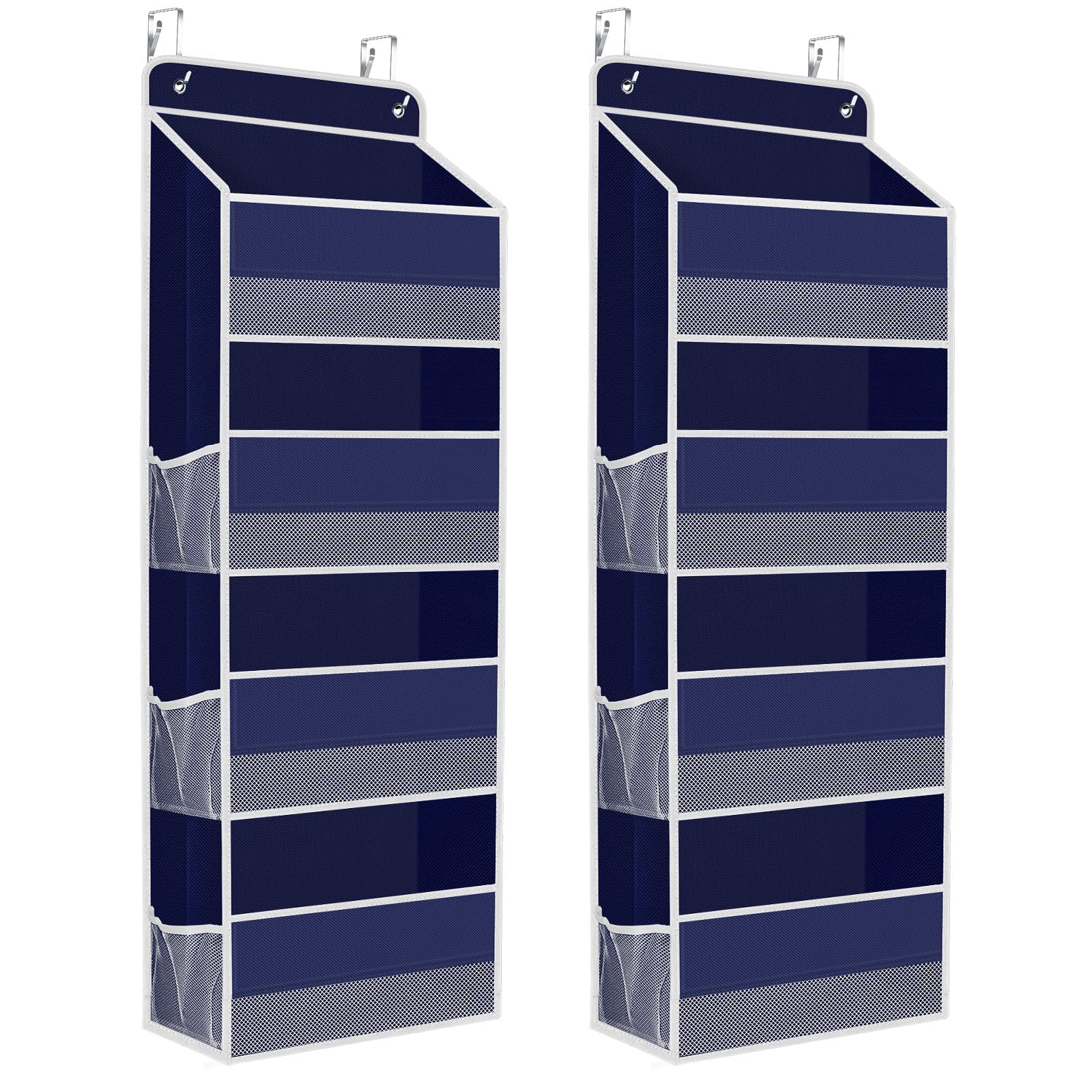 SpaceHacks over-the-door organizer blue front view with clear window for quick lookup.