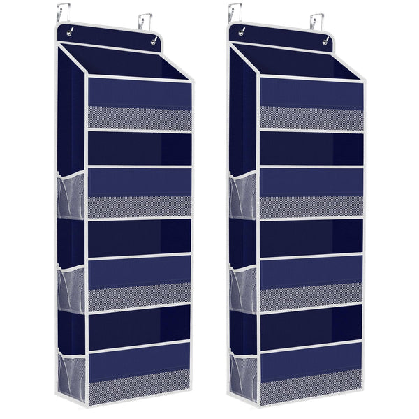 SpaceHacks over-the-door organizer blue front view with clear window for quick lookup.