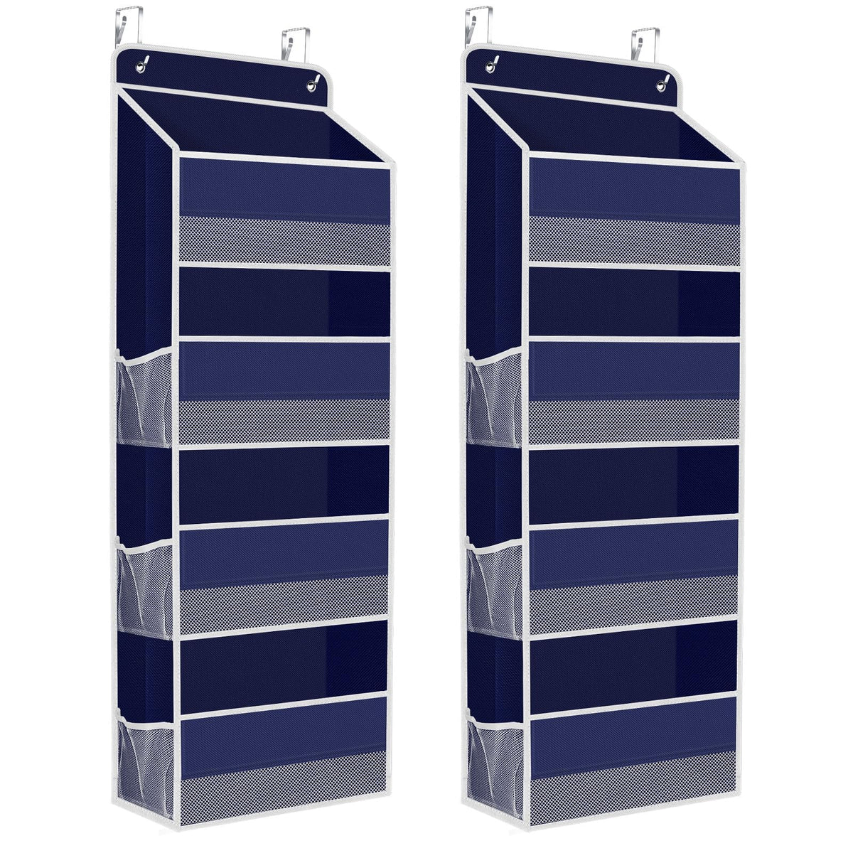 SpaceHacks over-the-door organizer blue front view with clear window for quick lookup.