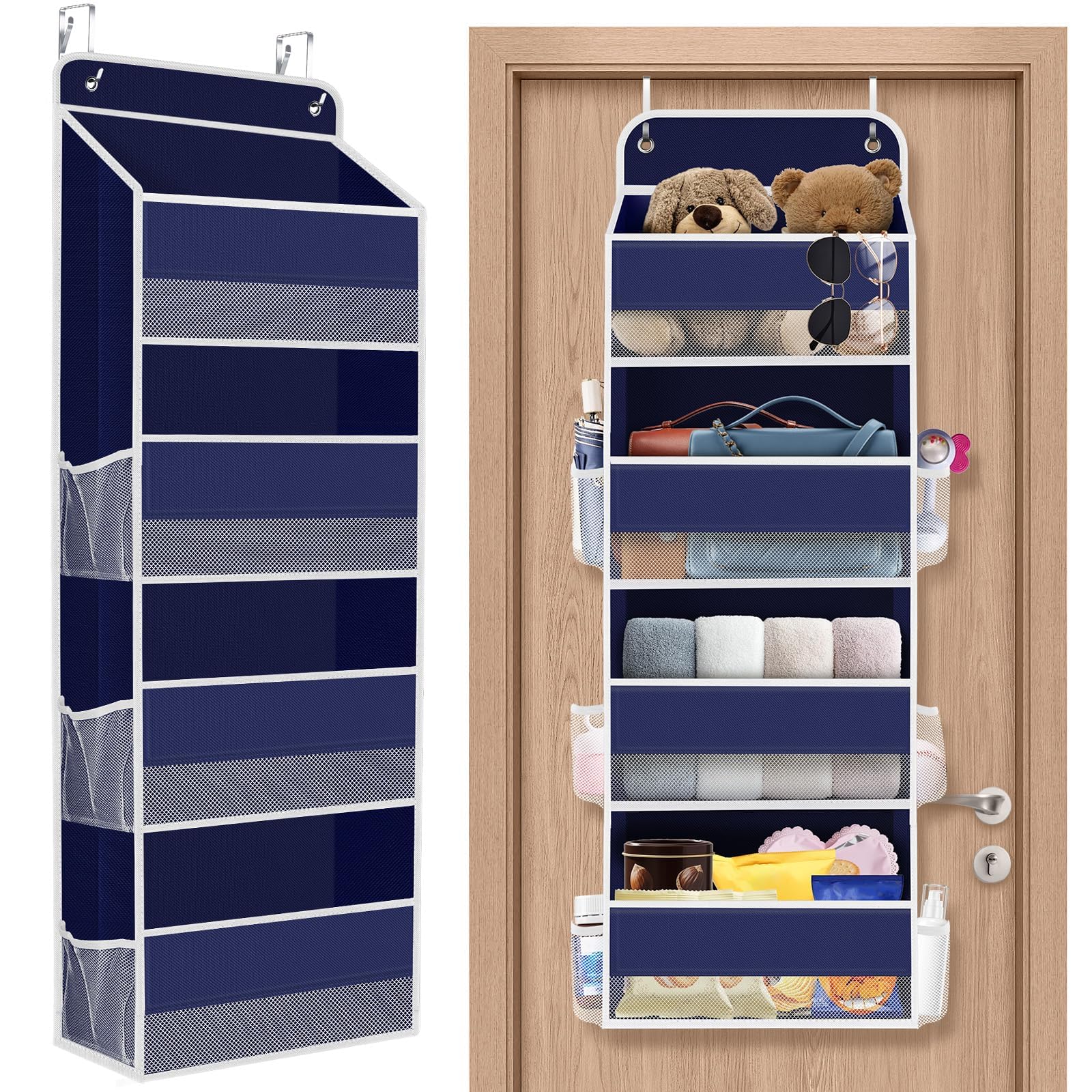 SpaceHacks over-the-door organizer blue front view shows clear pockets for easy access.