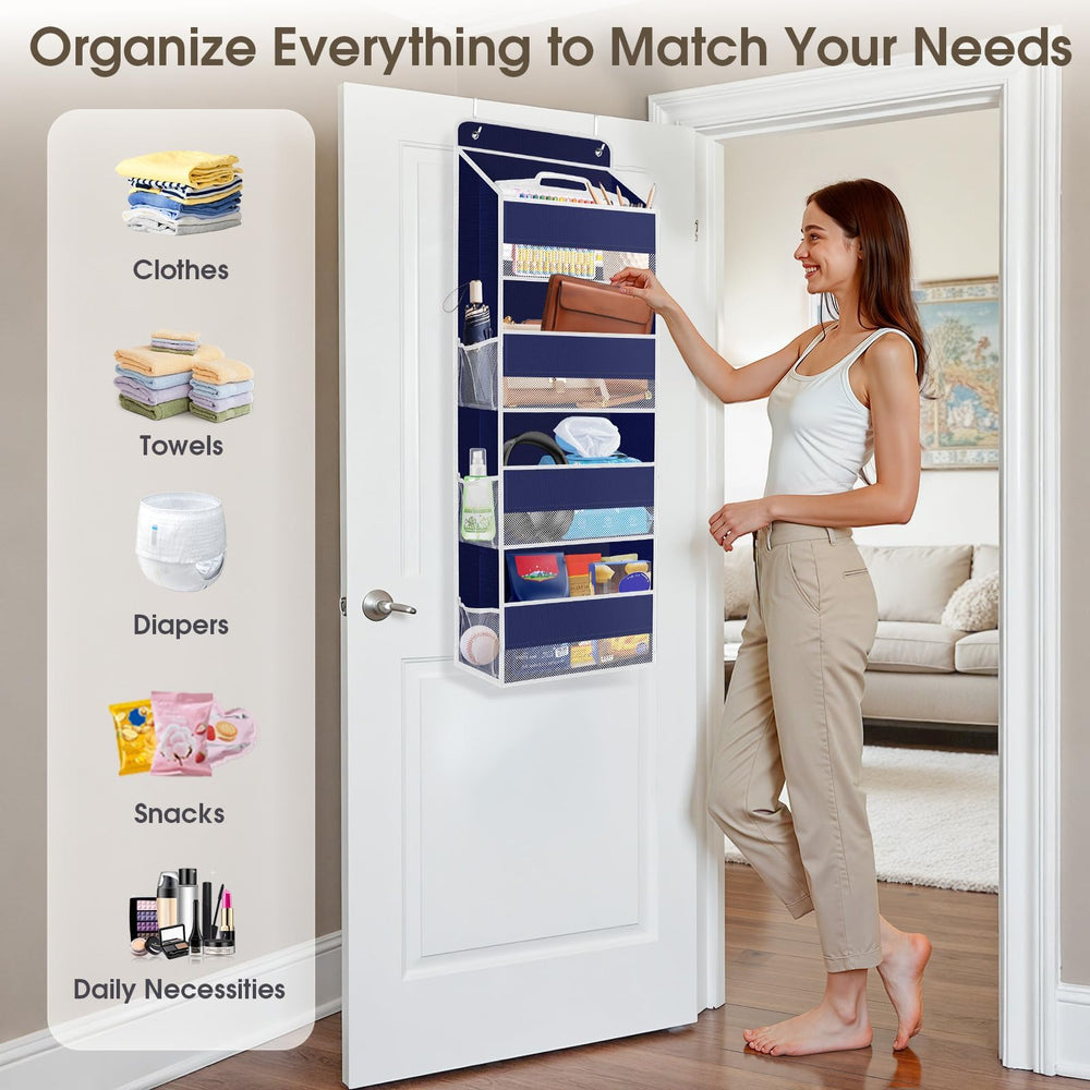SpaceHacks blue closet organizer in bedroom shows efficient space use.