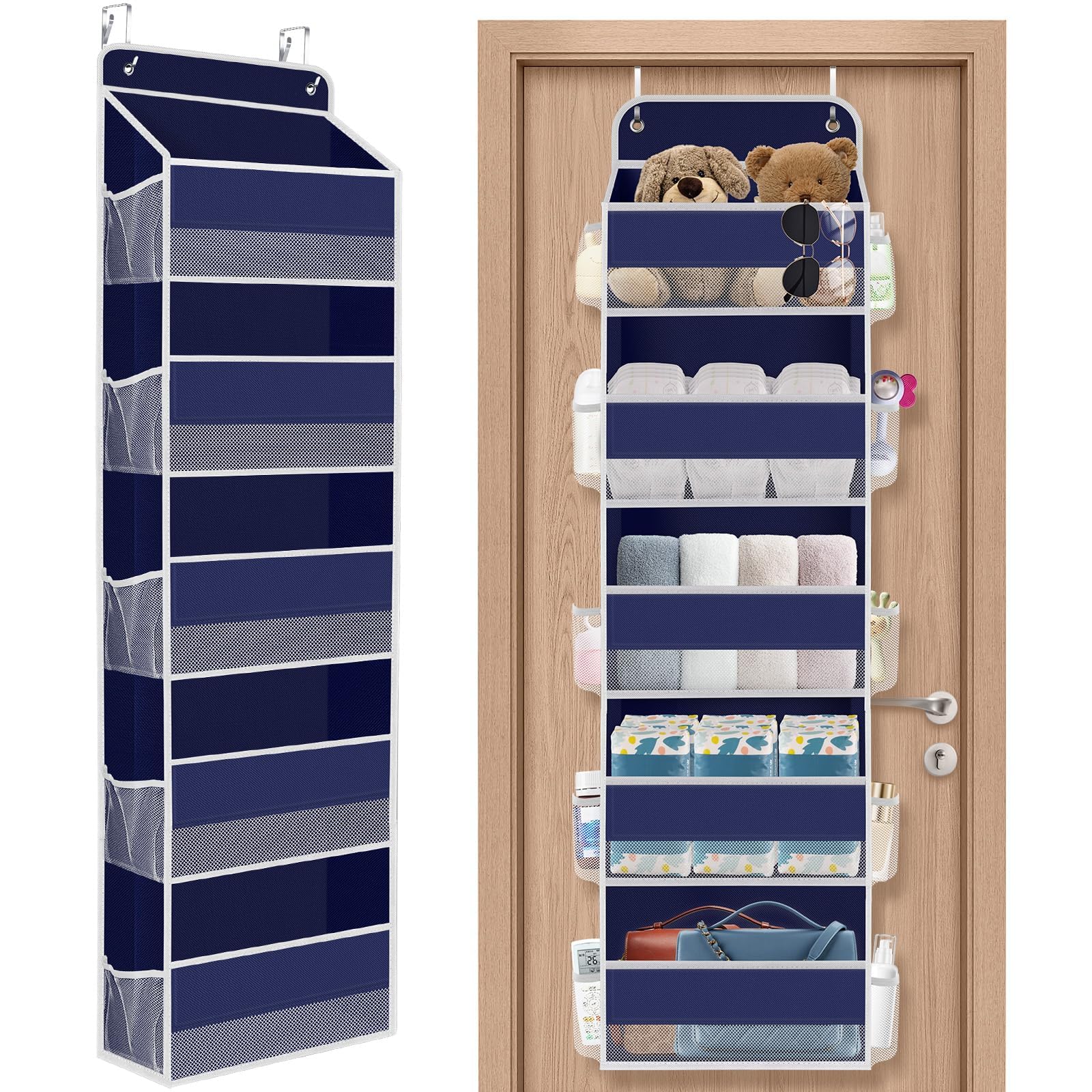 SpaceHacks over-the-door organizer blue with five pockets for quick access.