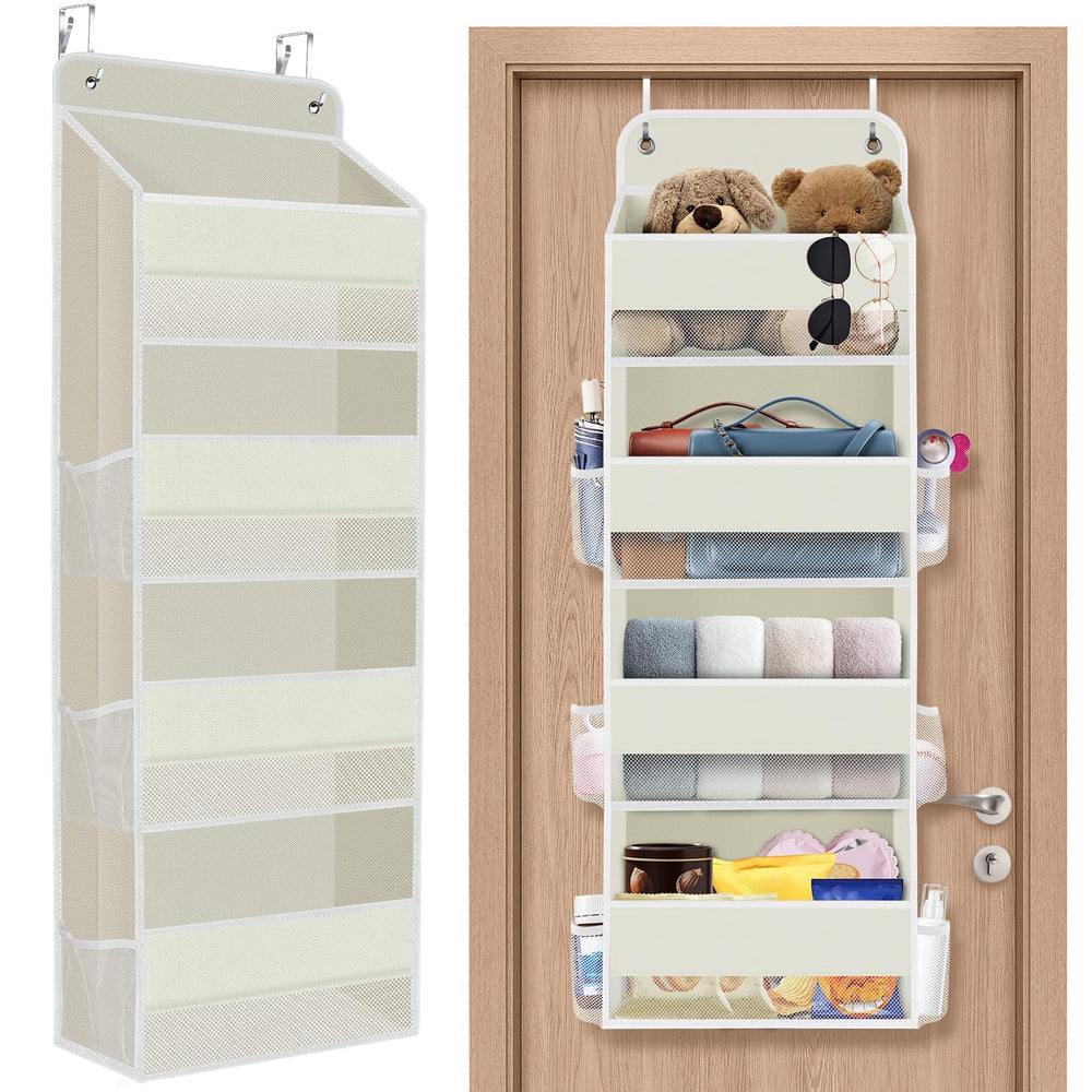 SpaceHacks over-the-door organizer with clear window for easy item visibility.