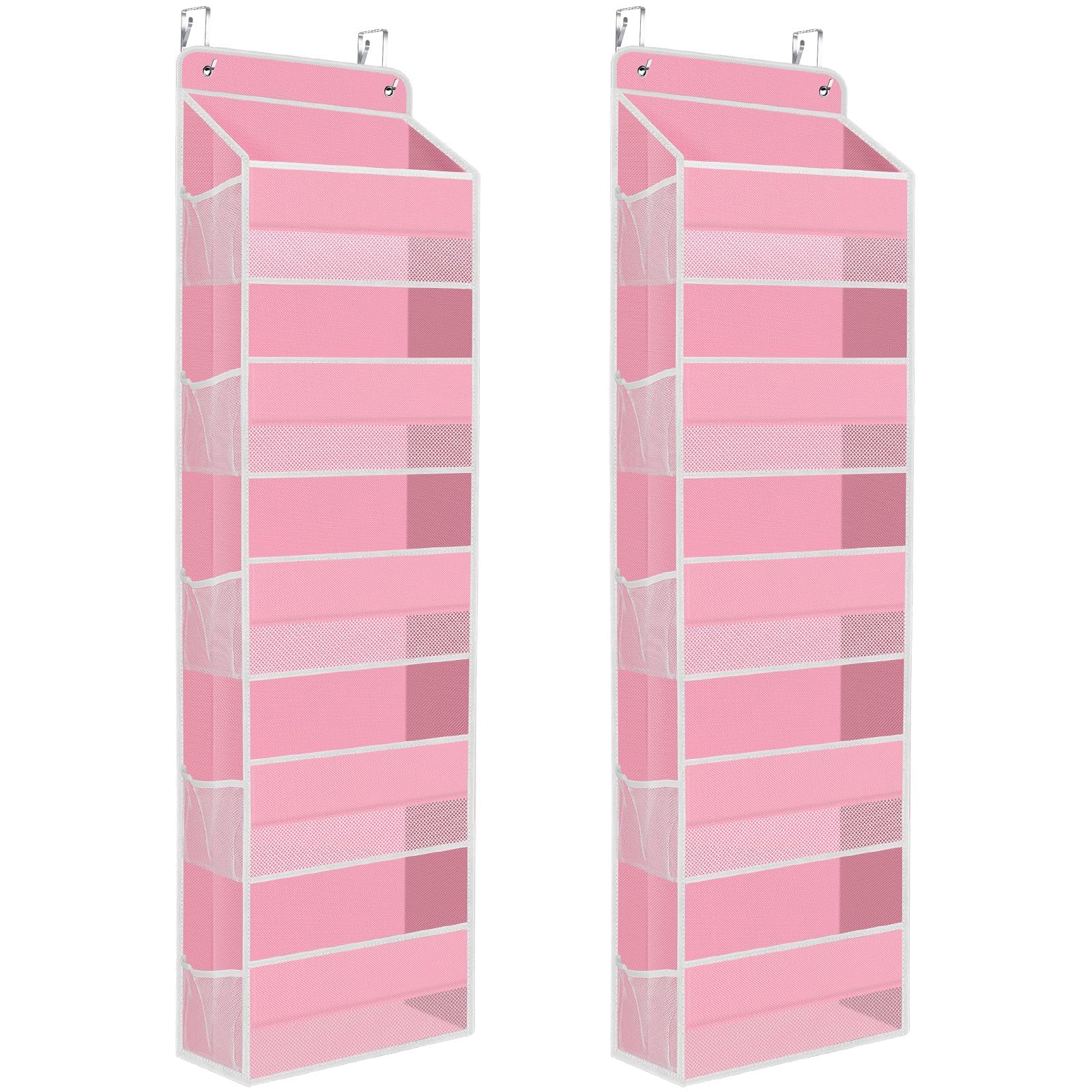 SpaceHacks over-the-door organizer pink with clear window for easy item finding.