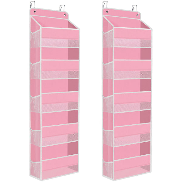 SpaceHacks over-the-door organizer pink with clear window for easy item finding.