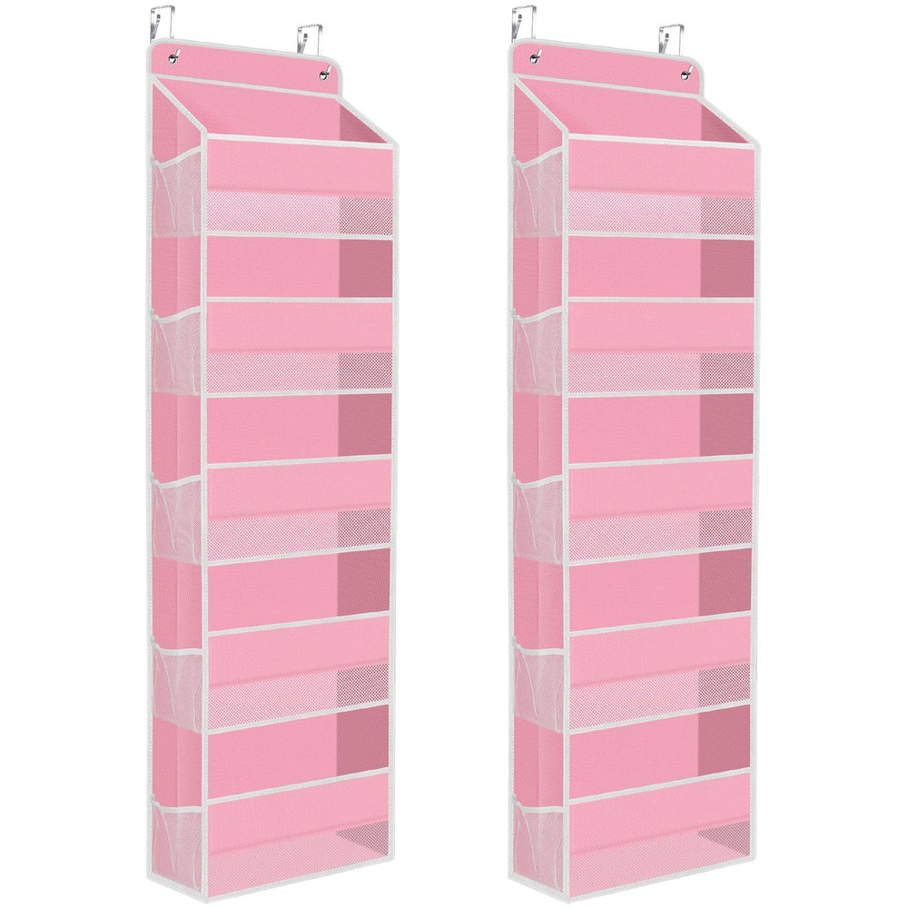 SpaceHacks over-the-door organizer pink with clear window for easy item finding.
