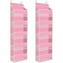 SpaceHacks over-the-door organizer pink with clear window for easy item finding.