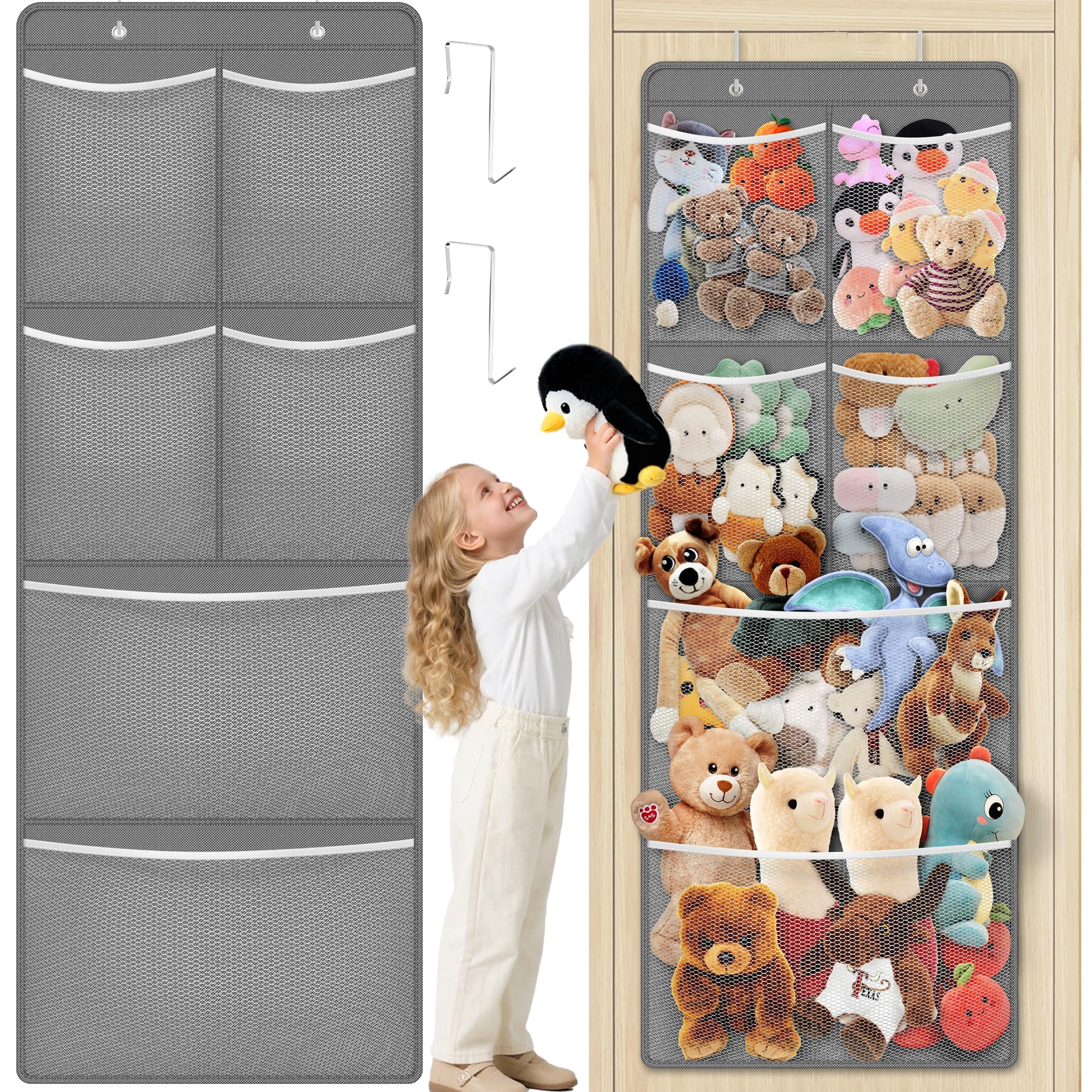 SpaceHacks stuffed animal storage over-door organizer with six pockets for toy organization