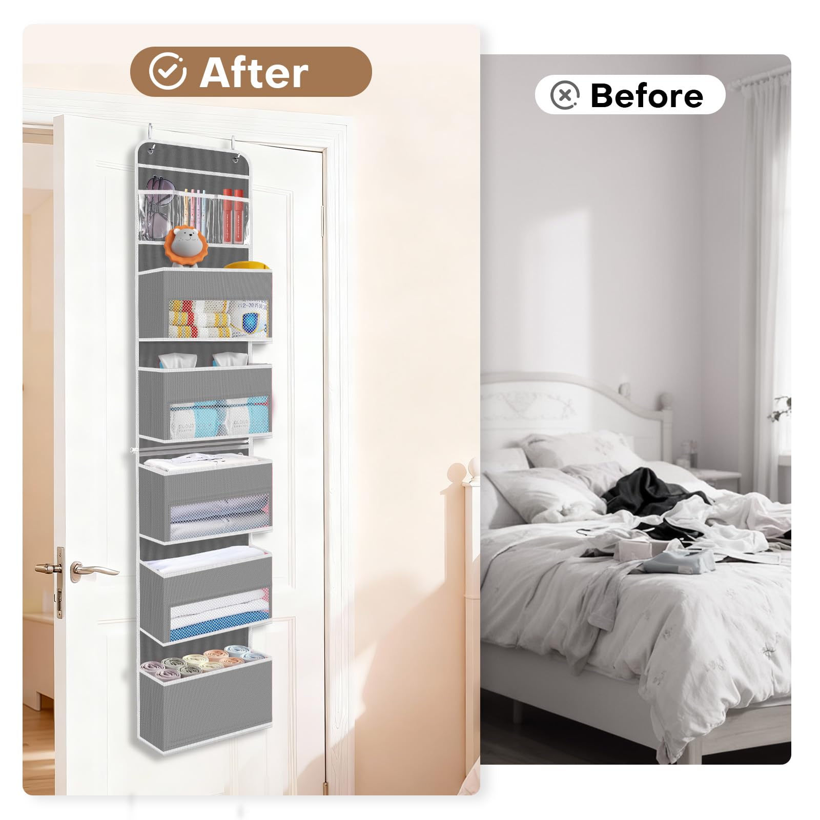 SpaceWhisper bathroom organizer holds towels and toiletries, freeing counter space.